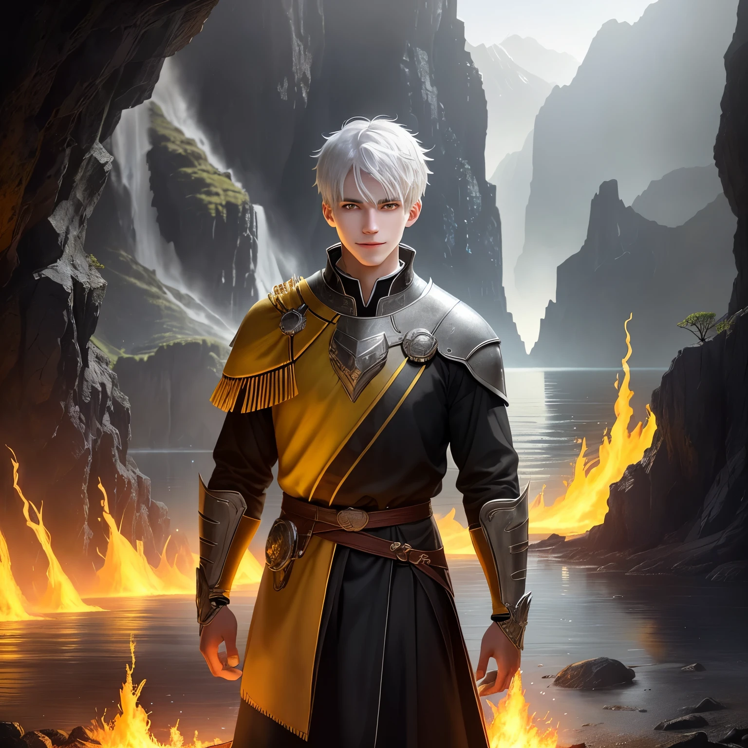 Photo of a guy with white hair and yellow eyes, High detail, Clarity, 8 cc, young guy, 18 years, light gray hair, short haircut, Yellow eyes, grin, fire crown, lava is everywhere, A huge cave, guy kneeling near the lake, realism, fantasy,