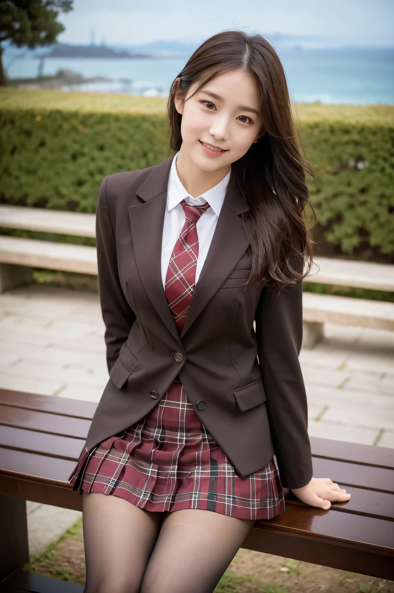 (8K), (highest quality: 1.2), (realistic), (realistic: 1.37), ultra high resolution, 1 girl, cute, smile, closed mouth, beautiful details, beautiful nose, wet hair, giant dulcefo, pork, thighs,self snap,University Student Uniform,sunny day,I can see the sea in the distance,sit on a bench in the park,face down,From above,(Simple light brown blazer 1),(dark brown pleated skirt),dark red bow tie,(The pattern of the skirt and tie is a tartan check pattern...:1.3),thighs,knee high tights,(thighsにクローズアップ)
