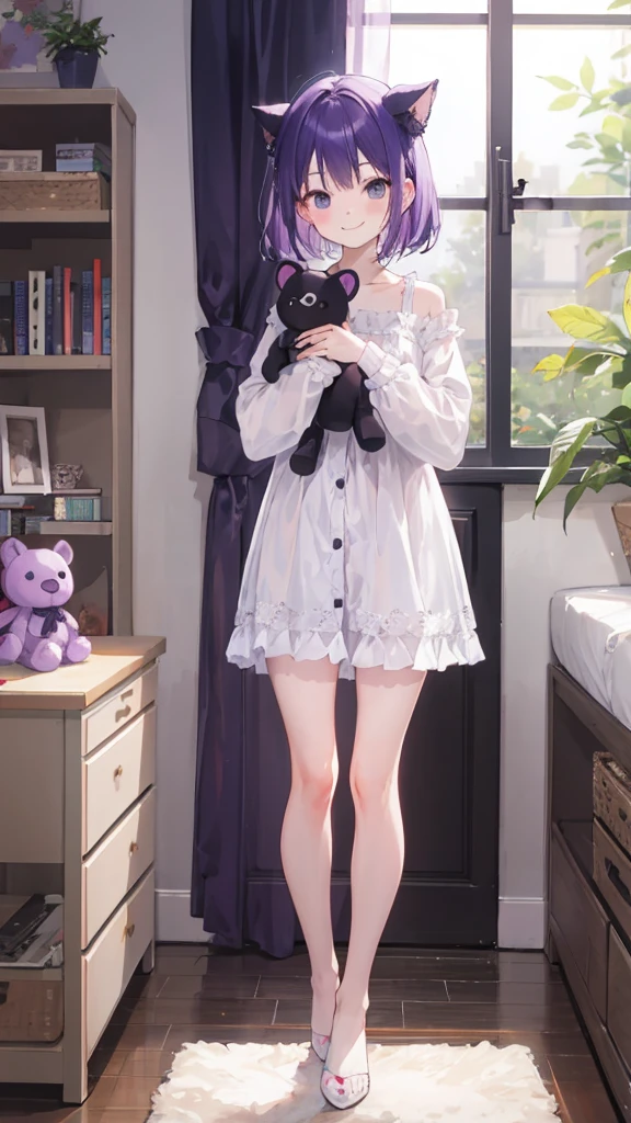whole body,full body,Standing picture,standing position,Photographed from the front,from front,Girl holding stuffed animal,purple hair,one piece,Room wear,room wear,cute,smile