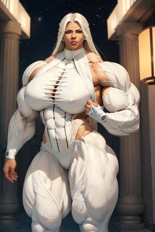 ((((Massive, tall, beautiful, buff, brown skinned muscular woman with white hair, slight makeup, ginormous bulky muscles and wearing a white lantern suit with tight pants)))), vascular body, ((massive muscle)), massive biceps, hyper muscle triceps, (long straight hair), blue eyes, high heels boots, smirking, (flying in space), mars at night, smirk, hyper muscles arms, hyper muscle legassive arms).