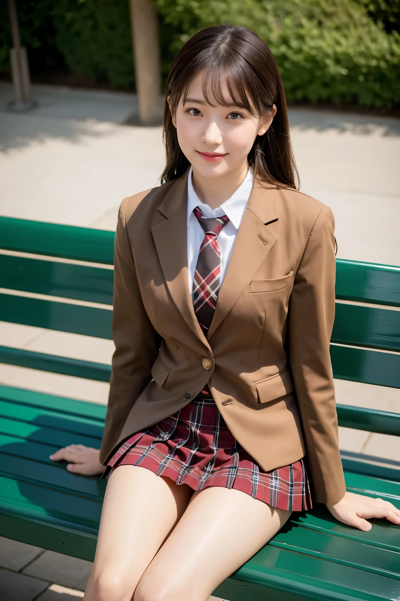 (8K), (highest quality: 1.2), (realistic), (realistic: 1.37), ultra high resolution, 1 girl, cute, smile, closed mouth, beautiful details, beautiful nose, wet hair, giant dulcefo, pork, thighs,self snap,University Student Uniform,sunny day,I can see the sea in the distance,sit on a bench in the park,cross your legs,Look down,From above,(Simple light brown blazer 1),(dark brown pleated skirt),dark red bow tie,(The pattern of the skirt and tie is a tartan check pattern...:1.3),thighs,knee high tights,(thighsにクローズアップ)