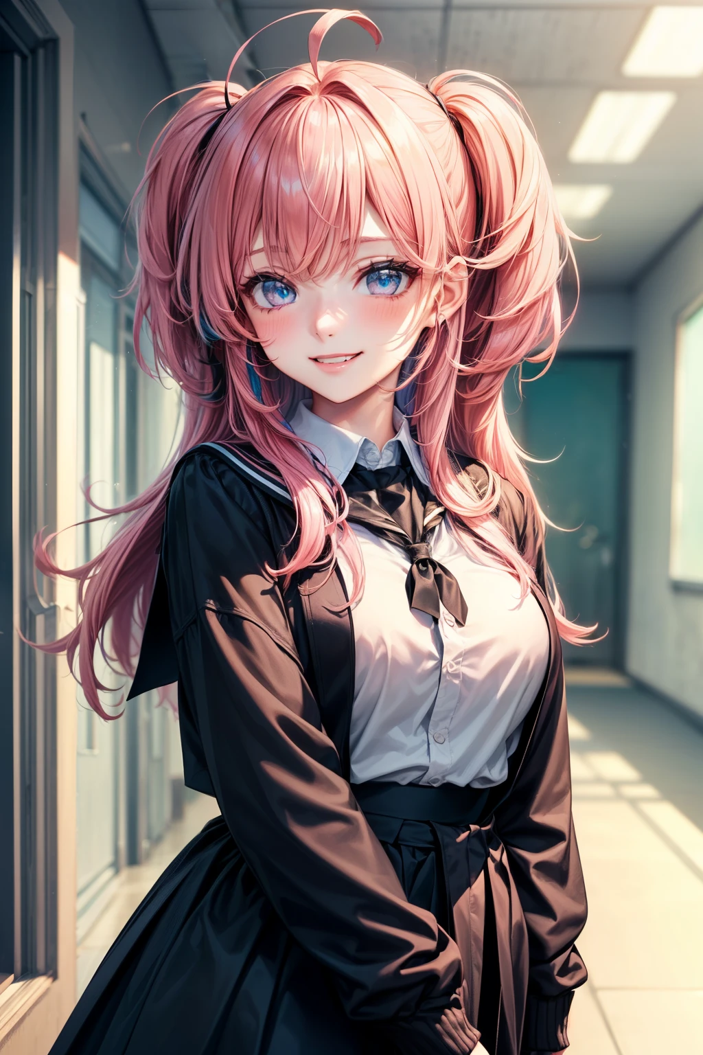(1Girl, 18yo, ((messy pink hair)), she is a evil, bully and crazy character, she are smiling, pink slutry eyes, (wearing ((black and blue)) colegial japonese clothes)), ((school hallway background))