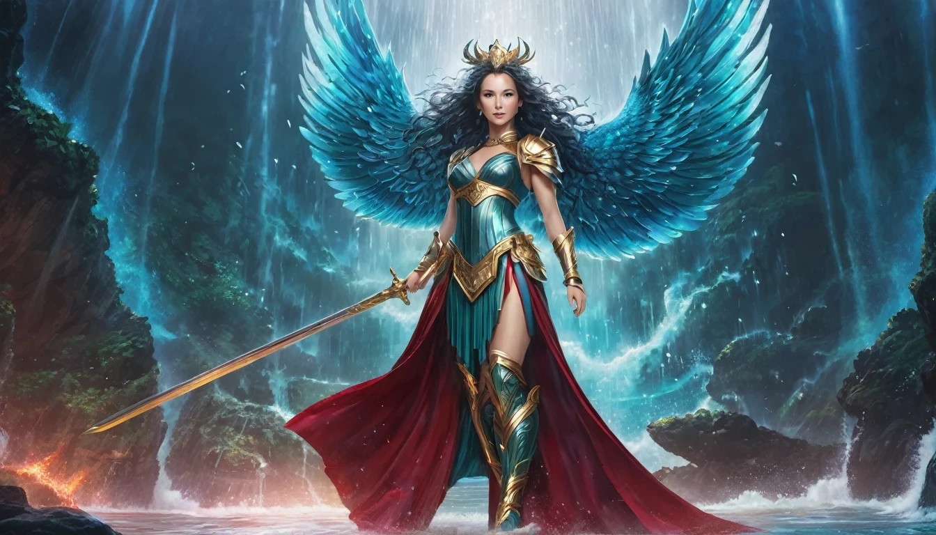 ((Jennifer Grey, (22 anos), de corpo inteiro), The skirt is long to the floor)), usando vestido longo Vermelho, usando uma coroa e segurando uma espada, um anjo majestoso de corpo inteiro, um lindo mago celestial, inspirado em Lan Ying, uma fada de corpo inteiro, Mu Yanling, a rainha do mar, the mysterious Valkyrie Atlantis, Hirase Jinyao, inspirado em Ju Lian, modelo IG |Artgerm, like a mysterious Valkyrie.