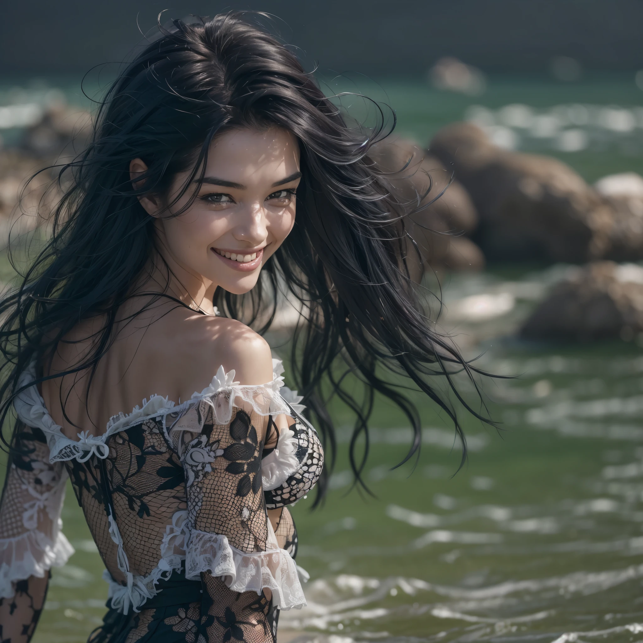 Woman walking along the seaside, in shallow water, see-through, lace, sexy, lingerie, black lace, dress, long hair, smile, playful, masterpiece, best quality, 8k, 1girl