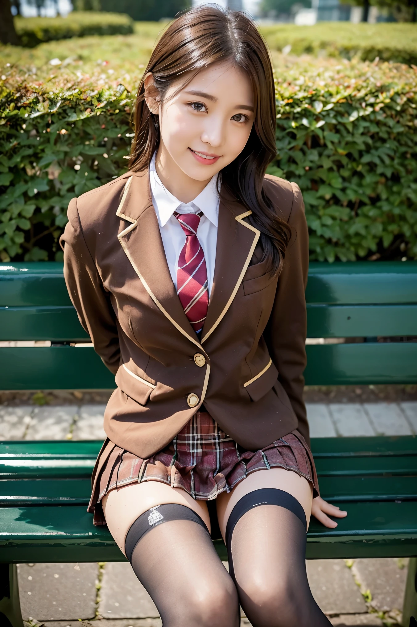 (8K), (highest quality: 1.2), (realistic), (realistic: 1.37), ultra high resolution, 1 girl, cute, smile, closed mouth, beautiful details, beautiful nose, wet hair, giant dulcefo, pork, thighs,self snap,University Student Uniform,sunny day,I can see the sea in the distance,sit on a bench in the park,cross your legs,Look down,From above,(Simple light brown blazer 1),(dark brown pleated skirt),dark red bow tie,(The pattern of the skirt and tie is a tartan check pattern...:1.3),濡れたthighs,knee high tights,(thighsにクローズアップ1)