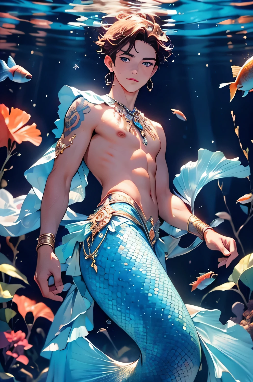 (Mater pice, highres, ultra detailed) A 17-year-old male merman with an oval, slightly slender face, cheeks, tanned skin, brown hair, sapphire blue eyes, Mexican indigenous features, somewhat childish features, with a highly structure that is a half mermaid with a detailed tail inspired by betta fish with blue safire and gold colors
