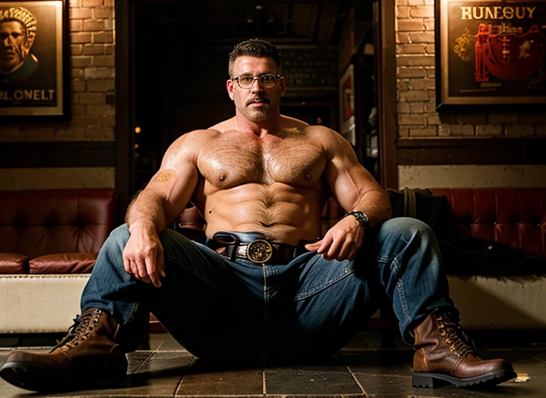 A portrait full body photograph Atractive mid age fireman, cap fireman, badge, Aviator glasses, Handcuffs, gun, club, medium hair shaved sides, Strong, muscular, hairy big belly bodybuilder, bulge very hairy pubs groin area,leather boots, epic realistic, photo, faded, neutral colors, ((((hdr)))), muted colors, intricate scene, artstation, intricate details, vignette