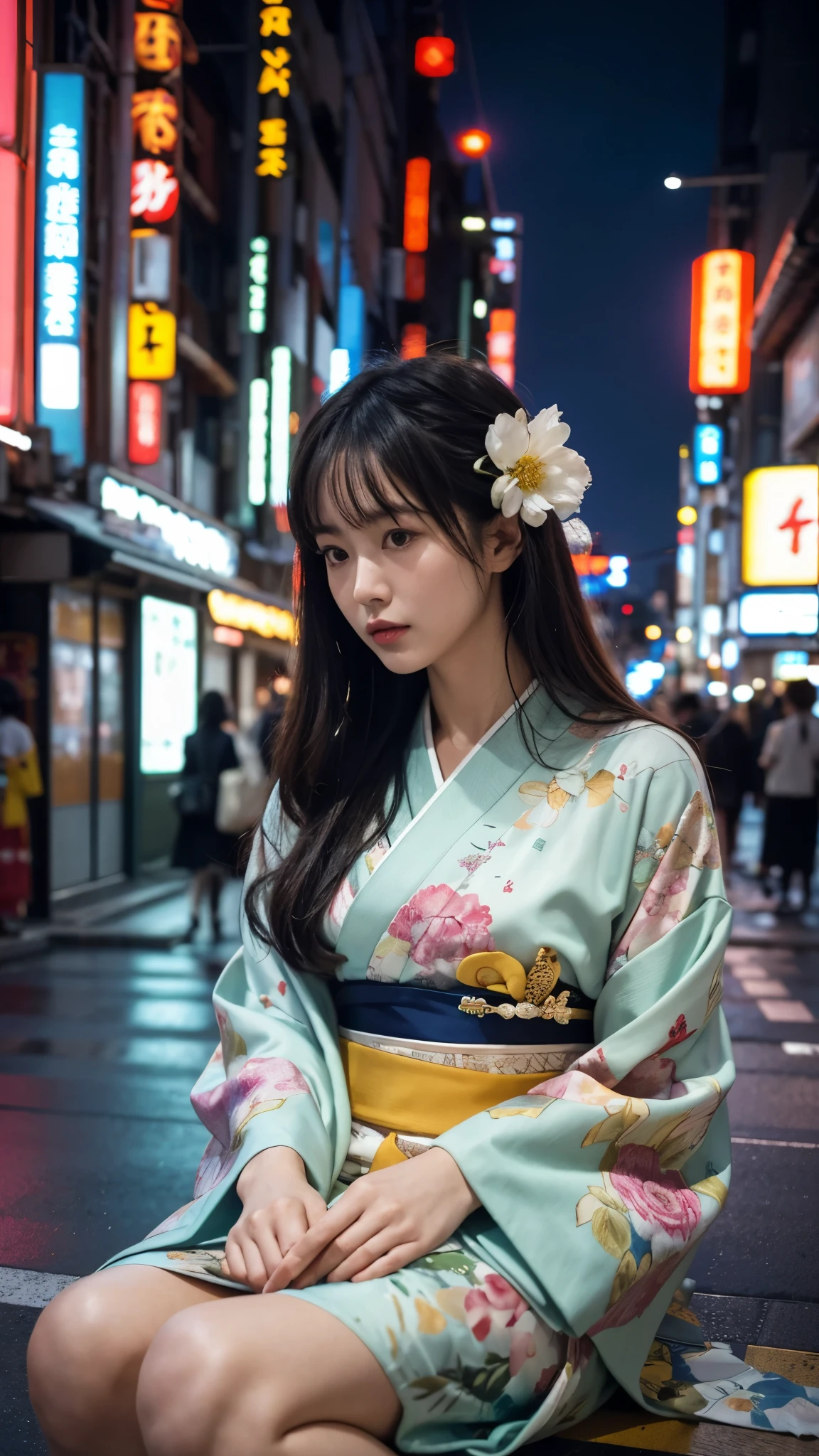 photography in the style of detailed hyperrealism,cinematic composition,sky,dof,perfectly focused, Peter Doig,Nan Goldin,fantasy, creature in a kimono sits in the middle of the street,Tokyo,close up, hyper detailed,intricate,poster,artstation,