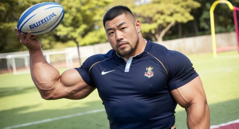 (rugby uniform:1.4), (at playground:1.4), Japanese man, Chinese man, Korean man, Taiwanese man, manly face, fat face, (round face:1.4), (monolid eyes:1.2), (buzz cut:1.4), very large and strong body, bulky body, beefy muscles, (bulging muscles:1.4), (very large pectoral muscles:1.4), (muscular arms:1.4), muscular abs, muscular legs, muscular back, brightens oily skin, master piece, (realistic:1.4), panorama, distant view