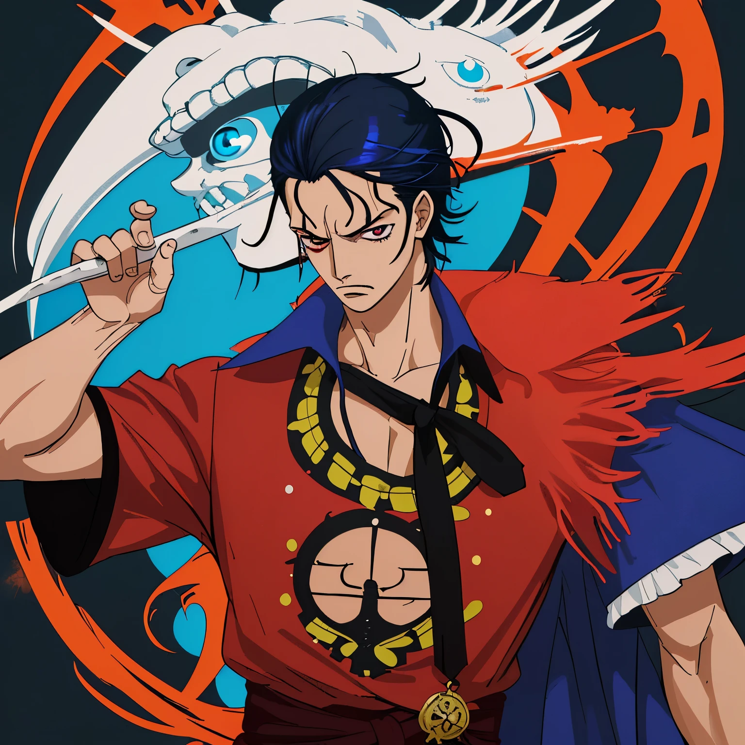 Estilo: one piece genre: masculino
Chico delgado de cabello nergo azabache, combed back but with a rebellious touch. Tez media, not so pale but not dark either. Ojos ligeramente rasgados, mirada un poco penetrante. Ojo izquierdo color azul intenso, ojo derecho color rojo intenso. en la parte de la mejilla derecha, un poquito mas abajo tiene una cicatriz en cursiva pero no le quita lo atractivo.
Camisa negra sin mangas de cuello largo, semi pegada al cuerpo.
