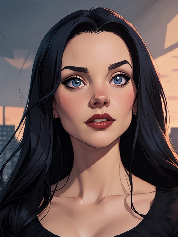 Personagem Christina Ricci cabelo preto estilo Morticia AddamsImagem de desenho animado de uma mulher .cartoon style illustration, estilo de arte dos desenhos animados, estilo de arte dos desenhos animados, digital illustration style, design de personagens altamente detalhado, arte digital detalhada fofa, City fan art, Design de personagens de retrato, beautiful digital illustration, retrato de alta qualidade, Arte em quadrinhos, young woman expressing sexual desire.