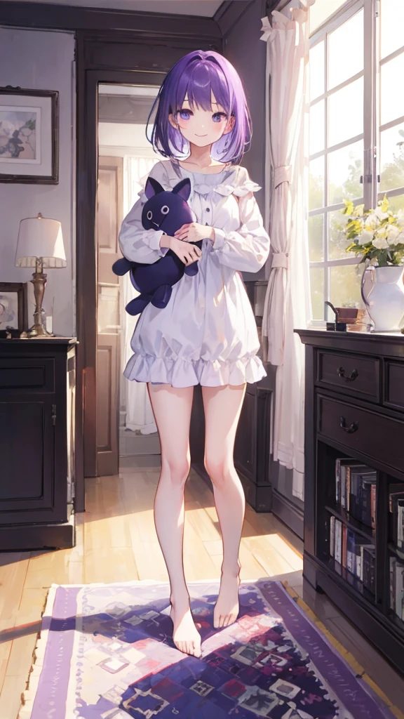 whole body,full body,Standing picture,standing position,Photographed from the front,from front,Girl holding stuffed animal,purple hair,one piece,Room wear,room wear,cute,smile