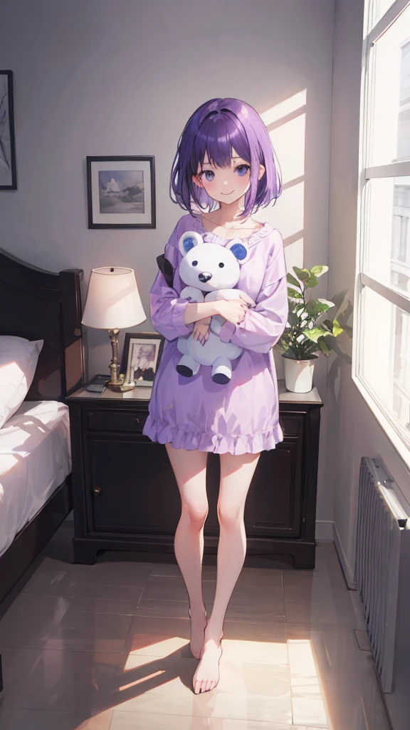 whole body,full body,Standing picture,standing position,Photographed from the front,from front,Girl holding stuffed animal,purple hair,one piece,Room wear,room wear,cute,smile