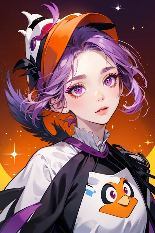 Flo is a purple penguin with a white face. She has half-closed eyes and she wears red eyeshadow. She has six eyelashes on each eye; three on top and three on the bottom. Her beak and feet are orange. She initially wears the Fiendish Shirt. in New Horizons, she initially wears the Folk Shirt. SPARKLE; GLITTER