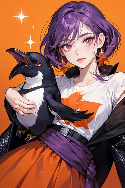 Flo is a purple penguin with a white face. She has half-closed eyes and she wears red eyeshadow. She has six eyelashes on each eye; three on top and three on the bottom. Her beak and feet are orange. She initially wears the Fiendish Shirt. in New Horizons, she initially wears the Folk Shirt. SPARKLE; GLITTER