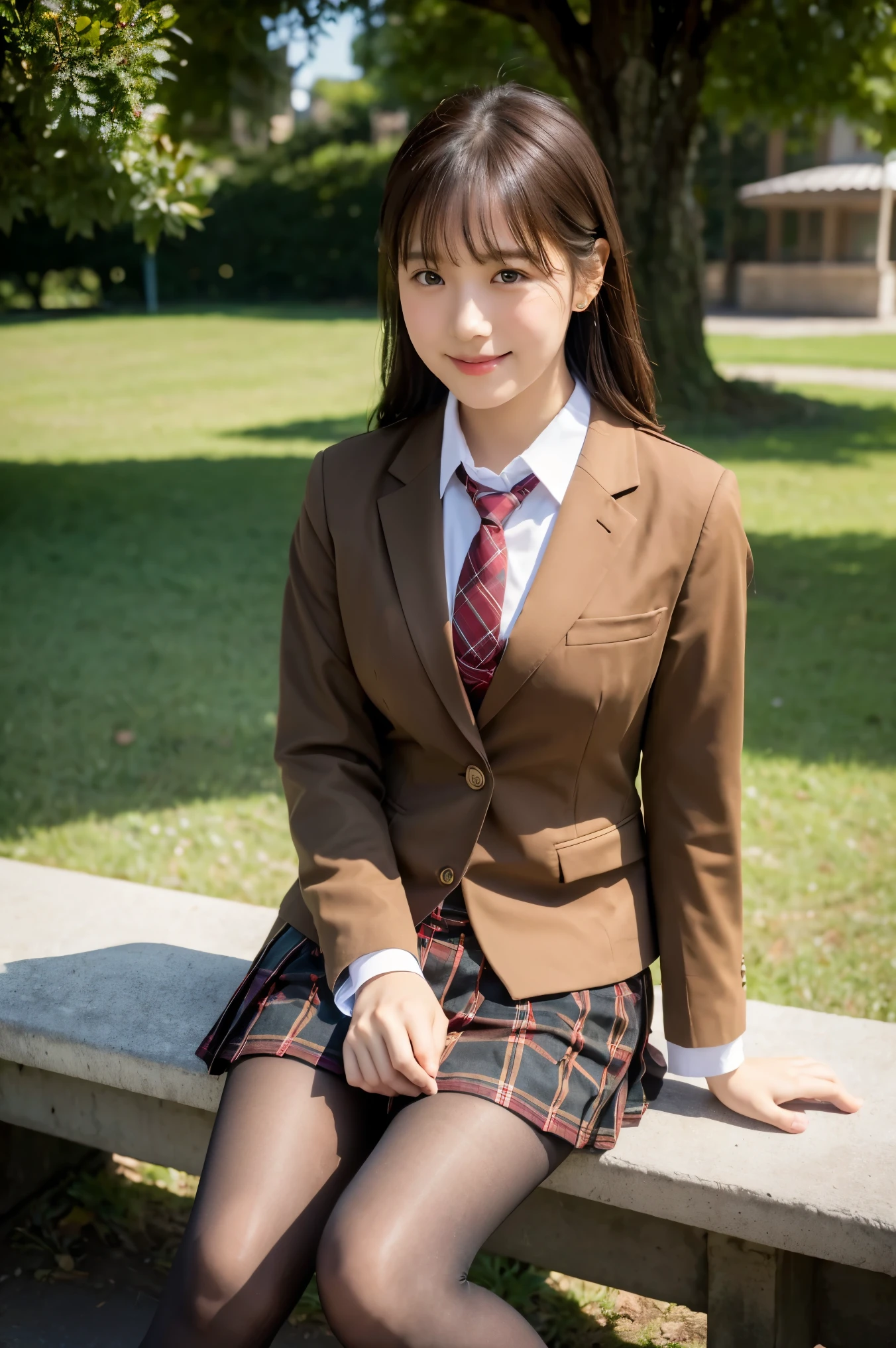 (8K), (highest quality: 1.2), (realistic), (realistic: 1.37), ultra high resolution, 1 girl, cute, smile, closed mouth, beautiful details, beautiful nose, wet hair, red lip,small earrings,giant dulcefo, pork, thighs,self snap,University Student Uniform,sunny day,I can see the sea,sit on a bench,cross your legs,Look down,From above,(Simple light brown blazer 1),(dark brown pleated skirt),(dark red bow tie),(The pattern of the skirt and tie is a tartan check pattern...:1.3),濡れたthighs,knee high tights,(thighsにクローズアップ1)