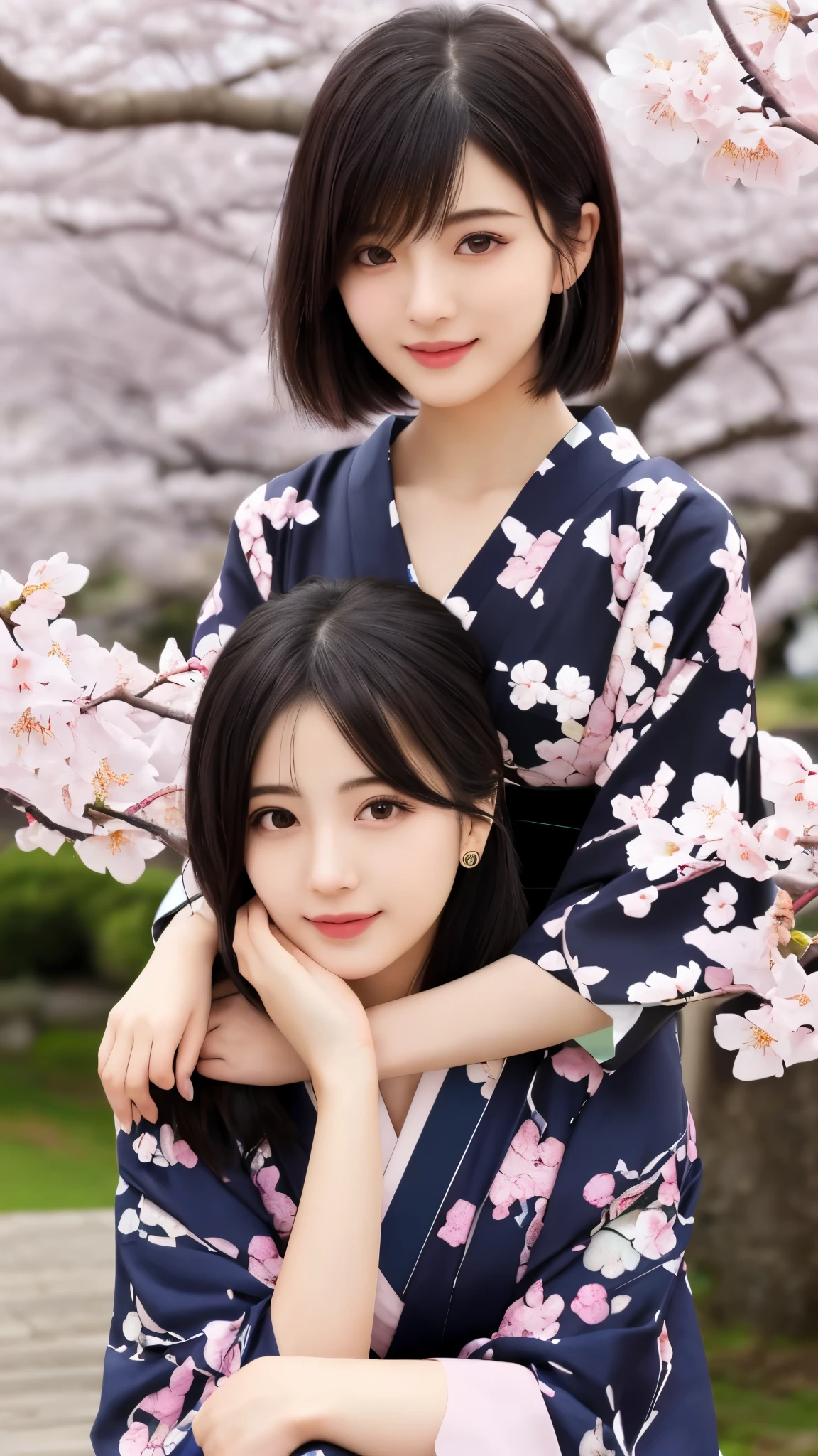 最high quality、high quality、best image quality、8K、最High resolution、High resolution、最high quality、masterpiece、Realistic human body in every detail、Realistic skin in every detail、Realistic face in every detail、Realistic eyes down to the details、Realistic lips in every detail、Realistic teeth in every detail、Realistic ears down to the last detail、Realistic hair down to the last detail、Realistic arms down to the last detail、Realistic reproduction of every detail、Realistic fingers in every detail、(fine hands、thumb１reference４)、Realistic feet in every detail、((beautiful japanese girl))、(japanese model), (japanese woman)、((18 year old beautiful girl))、(black hair)、(random hairstyle)、((whole body))、((beautiful upturned chest))、(slim style、slender style)、(whole body光沢肌、Fair skin)、soft natural light、Furisode、kimono、yukata、japanese traditional、Japanese garden、((Transparent, see-through floral print(丈の短いkimono))、((Under the cherry blossom tree in full bloom(Pose that makes your thighs look beautiful))