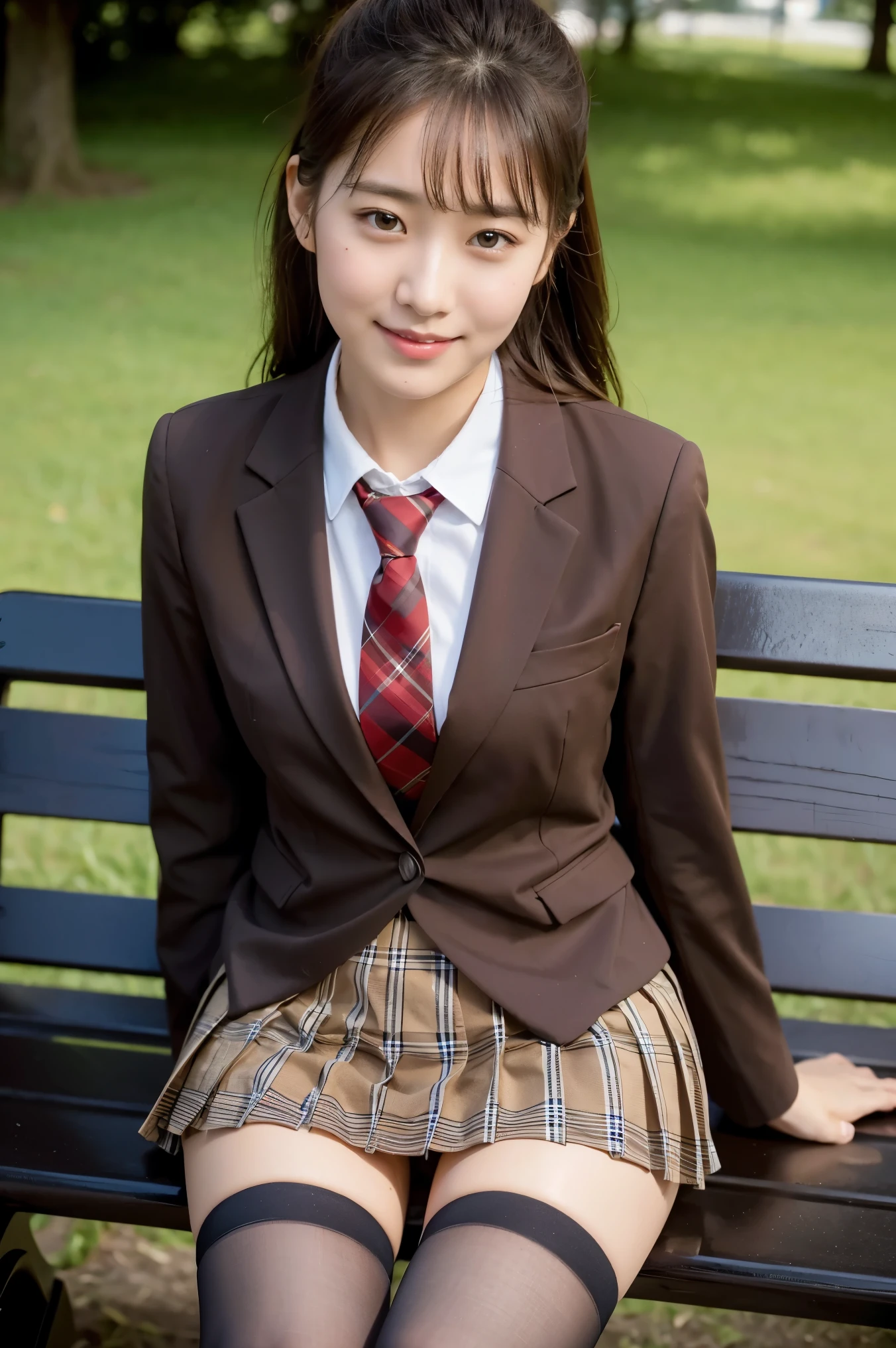 (8K), (highest quality: 1.2), (realistic), (realistic: 1.37), ultra high resolution, 1 girl, cute, smile, closed mouth, beautiful details, beautiful nose, wet hair, giant dulcefo, pork, thighs，self snap,University Student Uniform,sunny day,I can see the sea in the distance,sit on a bench in the park,cross your legs,Look down,From above,(Simple light brown blazer 1),(dark brown pleated skirt),dark red bow tie,(The pattern of the skirt and tie is a tartan check pattern...:1.3),濡れたthighs,knee high tights,(thighsにクローズアップ1)
