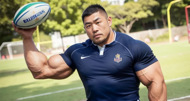 (rugby uniform:1.4), (at playground:1.4), Japanese man, Chinese man, Korean man, Taiwanese man, manly face, fat face, (round face:1.4), (monolid eyes:1.2), (buzz cut:1.4), very large and strong body, bulky body, beefy muscles, (bulging muscles:1.4), (very large pectoral muscles:1.4), (muscular arms:1.4), muscular abs, muscular legs, muscular back, brightens oily skin, master piece, (realistic:1.4), panorama, distant view