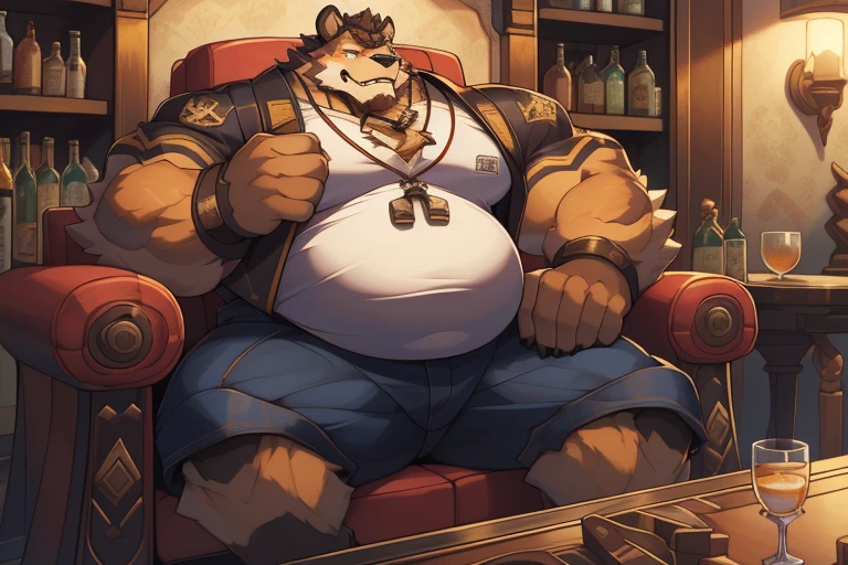 a close up of a person sitting in a chair with a glass, furry chest, pov furry art, winston from overwatch, thick furry neck and chest fluff, thicc, fluffy chest, (sfw) safe for work, commission for high res, fullbody commission for, heavy detailed, furry character, furry body, strong fat bacchanalian body, highly detailed full body