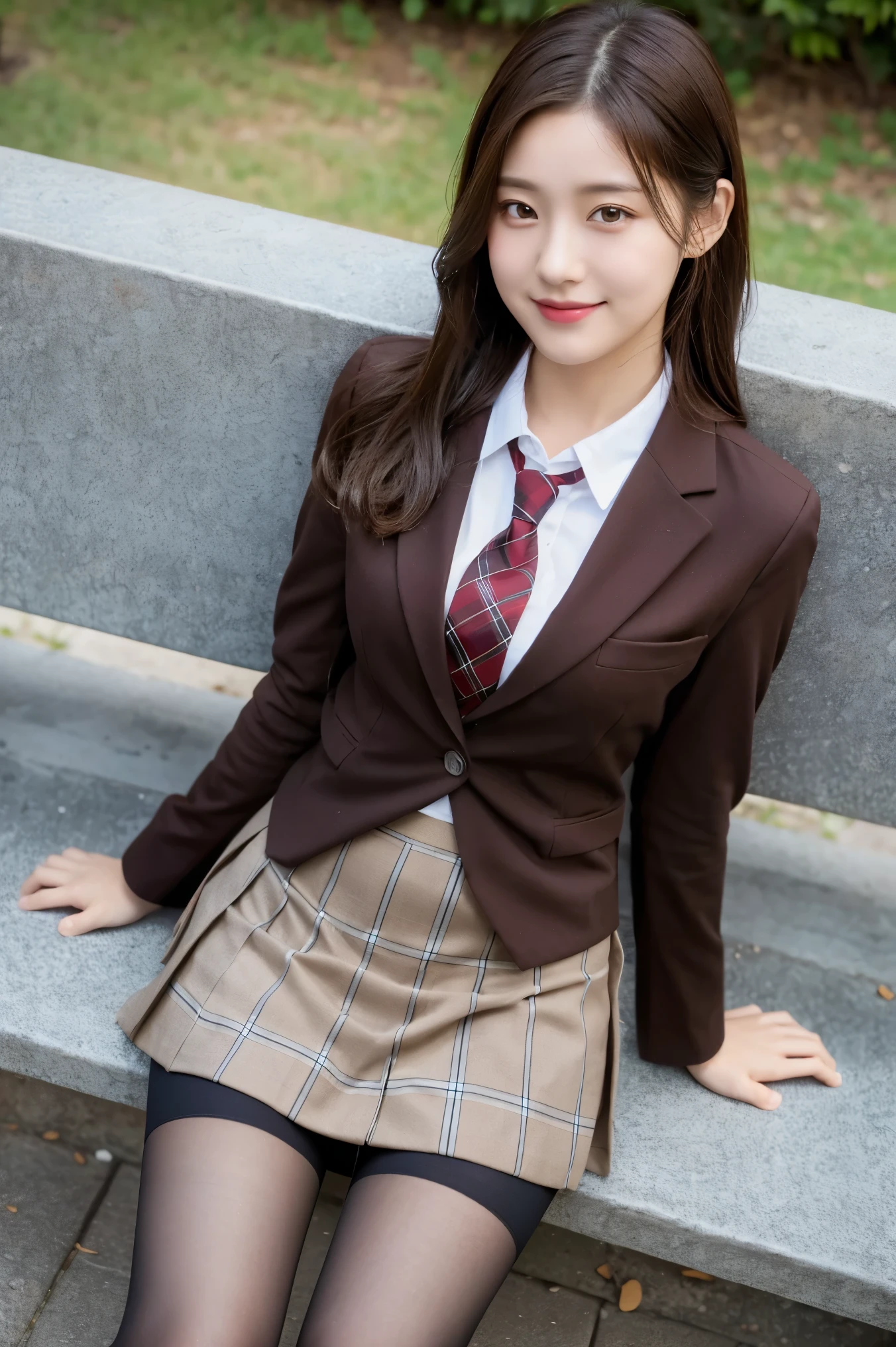 (8K), (highest quality: 1.2), (realistic), (realistic: 1.37), ultra high resolution, 1 girl, cute, smile, closed mouth, beautiful details, beautiful nose, wet hair, giant dulcefo, pork, thighs，self snap,University Student Uniform,sunny day,I can see the sea,sit on a bench,cross your legs,Look down,From above,(Simple light brown blazer 1),(dark brown pleated skirt),dark red bow tie,(The pattern of the skirt and tie is a tartan check pattern...:1.3),濡れたthighs,knee high tights,(thighsにクローズアップ1)