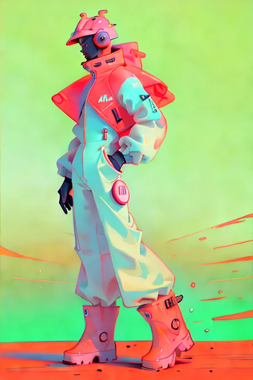 inkpunk, (ultra detailed,ultra high res,detailed background),((2D)),((flat color)),((muted color)),((floating neon)),1solo,looking at viewer, graffiti, white hazmat suit, (big red rain boots), plush collar, full body image, square helmet