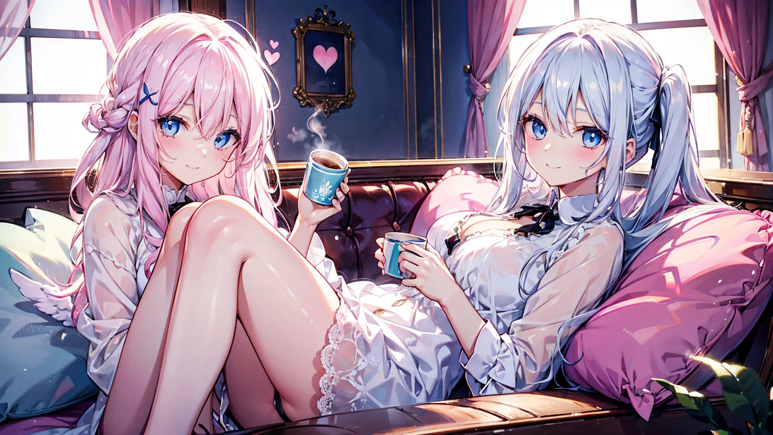 pretty woman with long white hair、26 years old、blue eyes、Angel wings on the back、drinking coffee and relaxing、smile、pink heart-shaped cushion、pink room、白くてblue eyesの猫