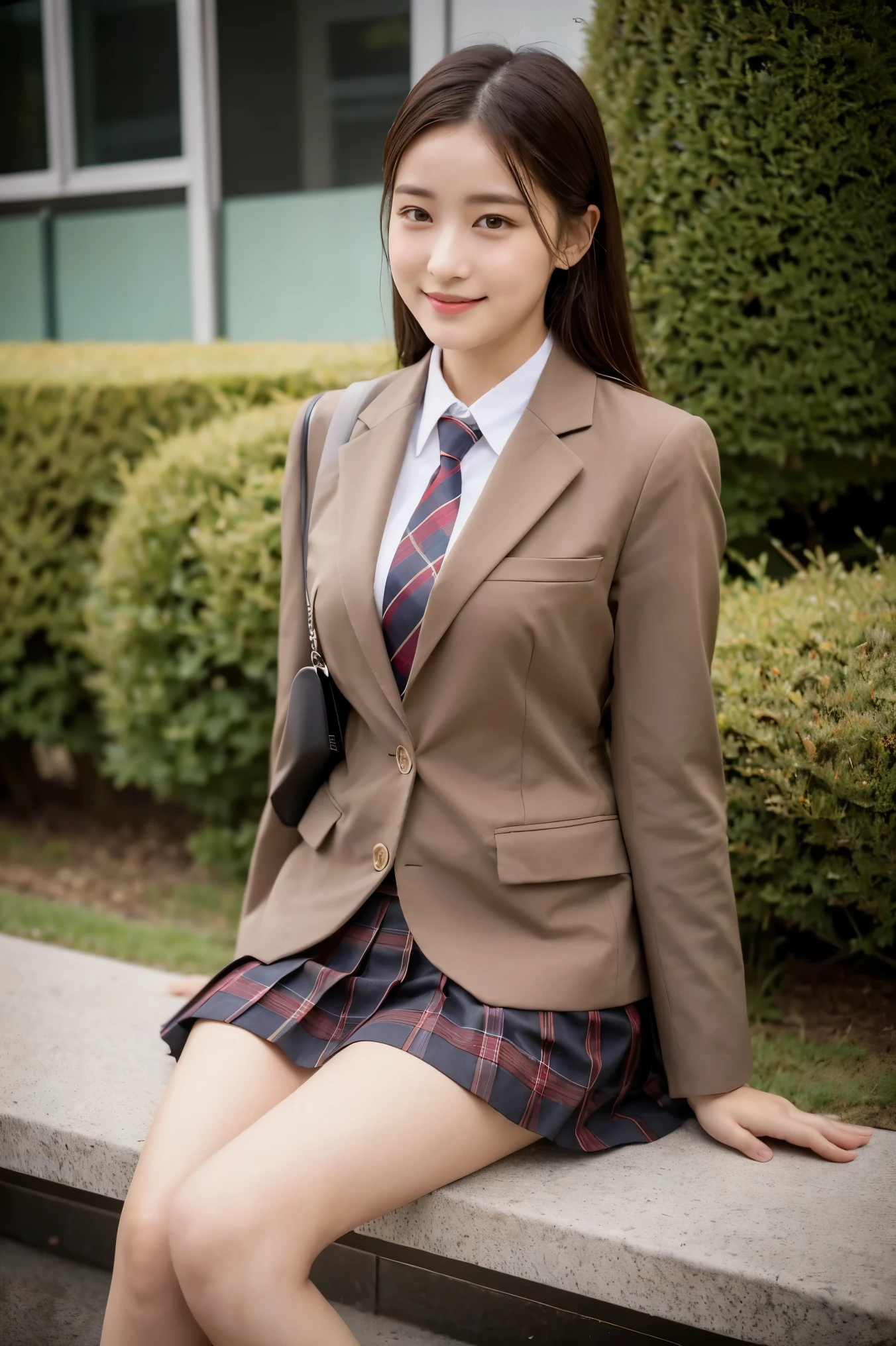 (8K), (highest quality: 1.2), (realistic), (realistic: 1.37), ultra high resolution, 1 girl, cute, smile, closed mouth, beautiful details, beautiful nose, wet hair, giant dulcefo, pork, thighs,self snap,University Student Uniform,sunny day,I can see the sea,sit on a bench,cross your legs,Look down,From above,(Simple light brown blazer 1),(dark brown pleated skirt),dark red bow tie,(The pattern of the skirt and tie is a tartan check pattern...:1.3),濡れたthighs,knee high tights,(thighsにクローズアップ1)