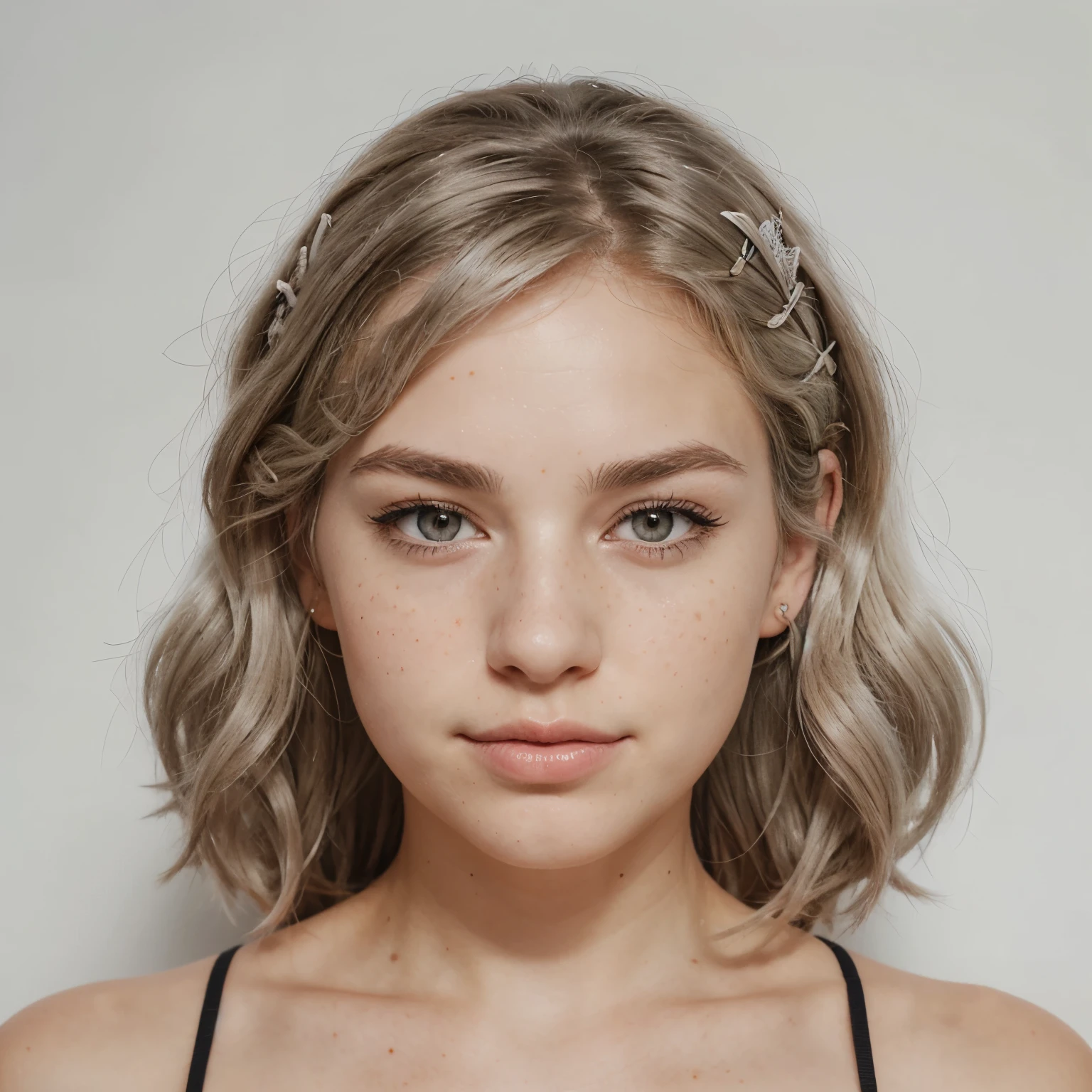 Make a realistic drawing of a white curly-haired woman with not so visible freckles with not so voluminous but defined white hair a mole above the mouth on the left side with considerably large eyelashes medium mouth nose medium potato nose not so thin nor thick face a little oval shaped