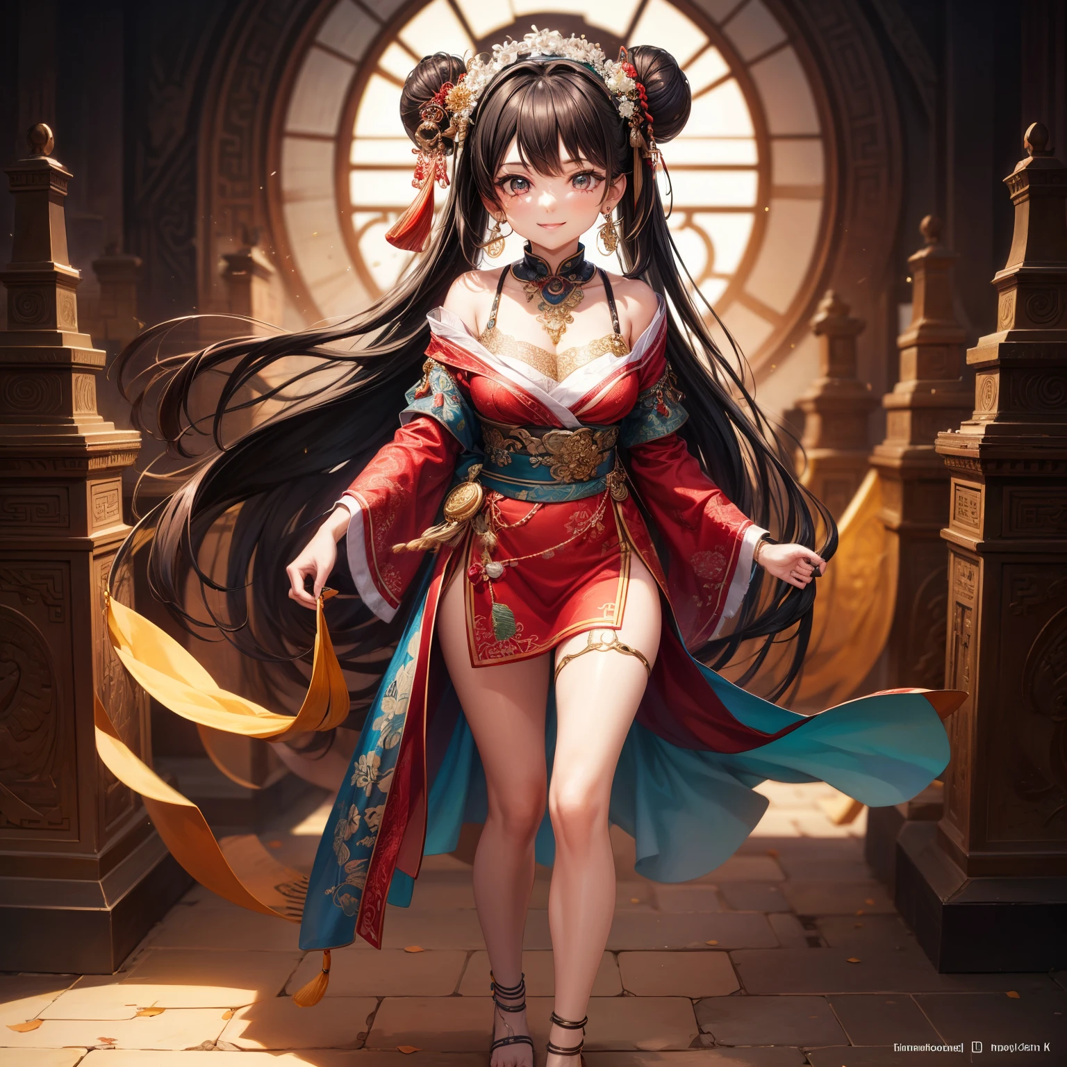 Anime style girl, top quality, masterpiece, detailed skin texture, detailed cloth texture, detailed face, super detail, 8k, intricate detail, 1girl, black hair, bangs, ancient chinese background, thin, collarbone, headdress, earrings, bun, hair ornament, jewelry necklace, smile, full body photo