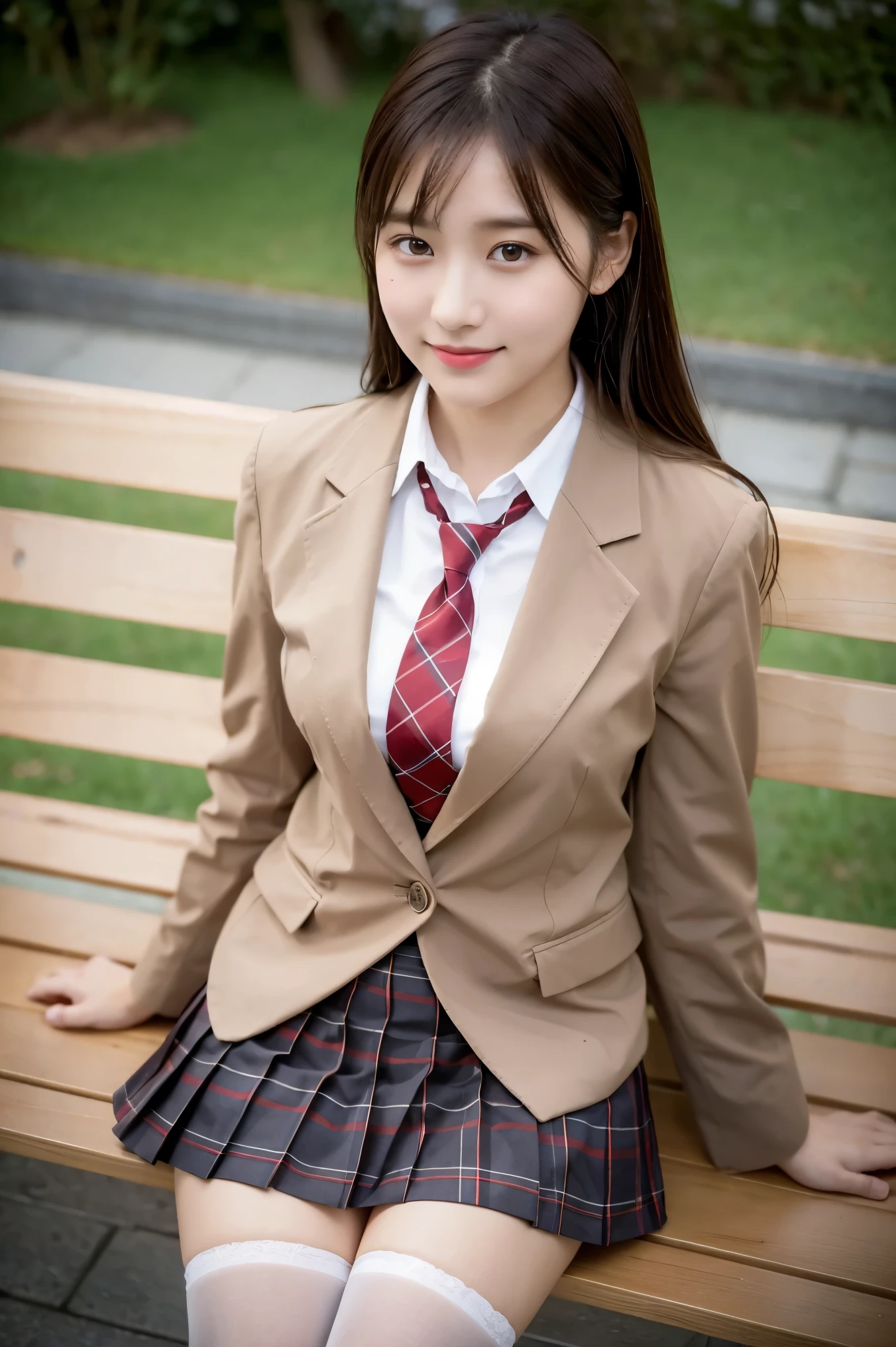 (8K), (highest quality: 1.2), (realistic), (realistic: 1.37), ultra high resolution, 1 girl, cute, smile, closed mouth, beautiful details, beautiful nose, wet hair, giant dulcefo, pork, thighs,self snap,University Student Uniform,sunny day,I can see the sea,sit on a bench,cross your legs,Look down,From above,(Simple light brown blazer 1),(dark brown pleated skirt),dark red bow tie,(The pattern of the skirt and tie is a tartan check pattern...:1.3),濡れたthighs,knee high tights,(thighsにクローズアップ1)