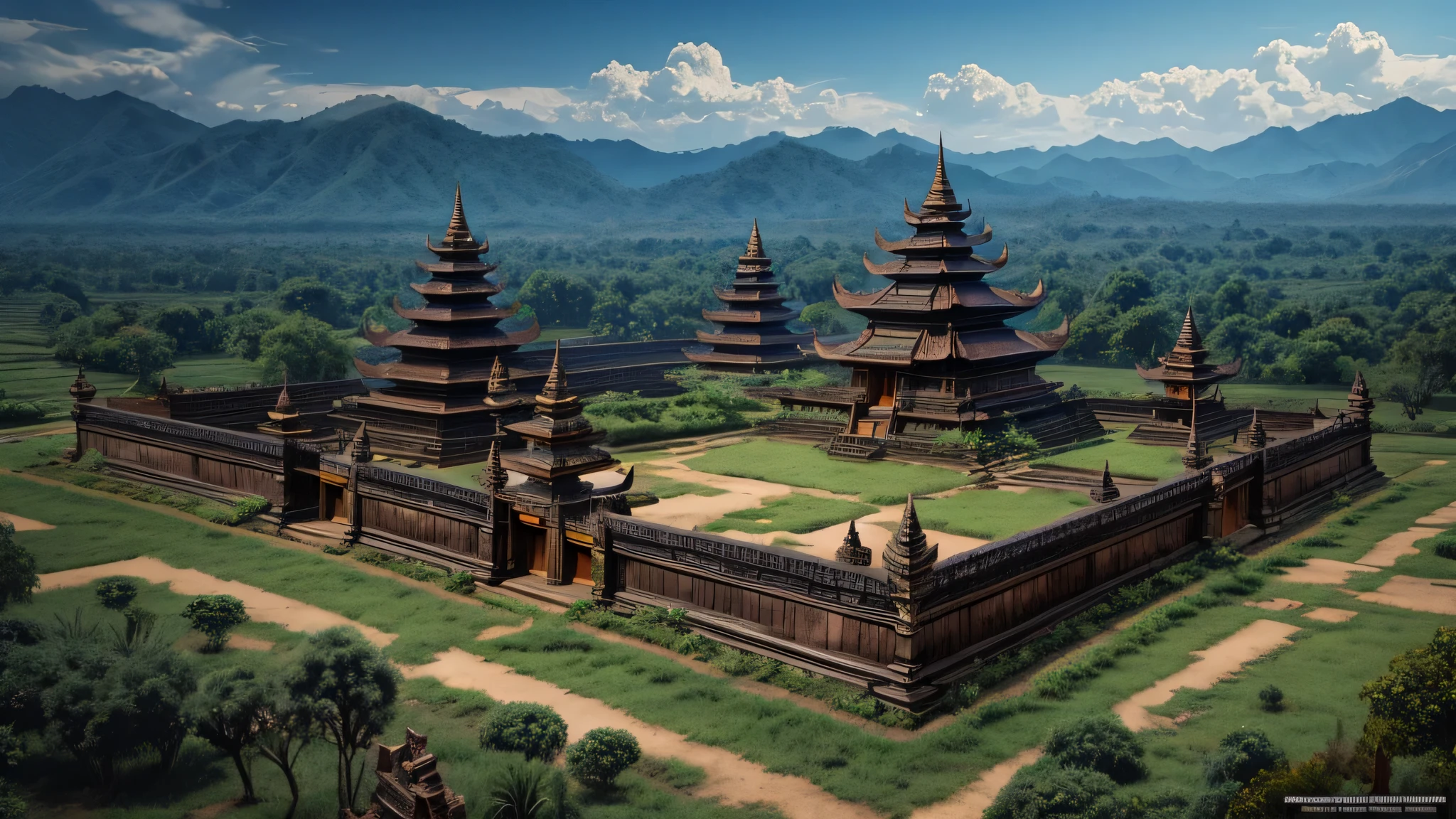 fantasy art, ancient Indonesian Hindu royal palace, brick fence, surrounded by ancient villages, gothic, dark, mysterious, realistic, top view