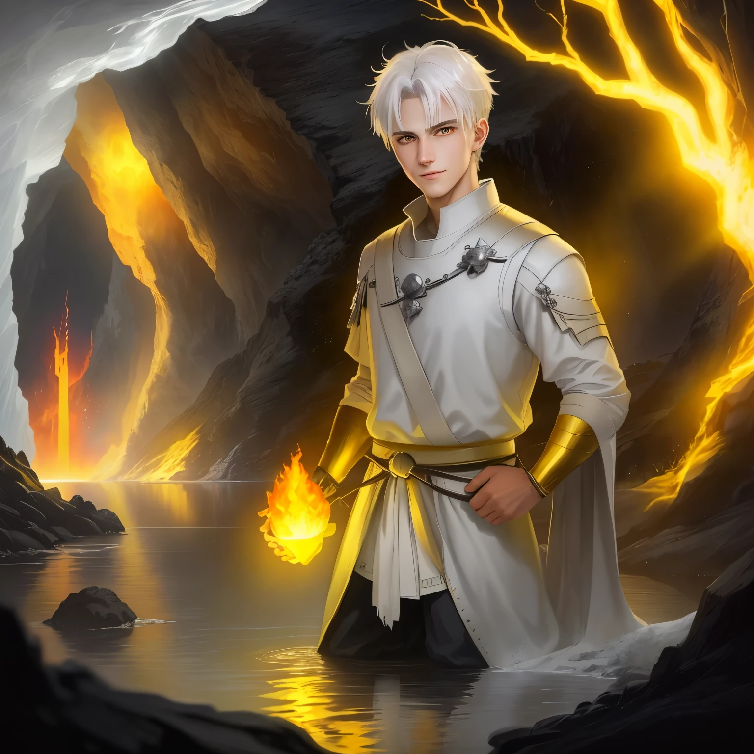 Photo of a guy with white hair and yellow eyes, High detail, Clarity, 8 cc, young guy, 18 years, light gray hair, short haircut, Yellow eyes, grin, fire crown, lava is everywhere, A huge cave, guy kneeling near the lake, realism, fantasy,
