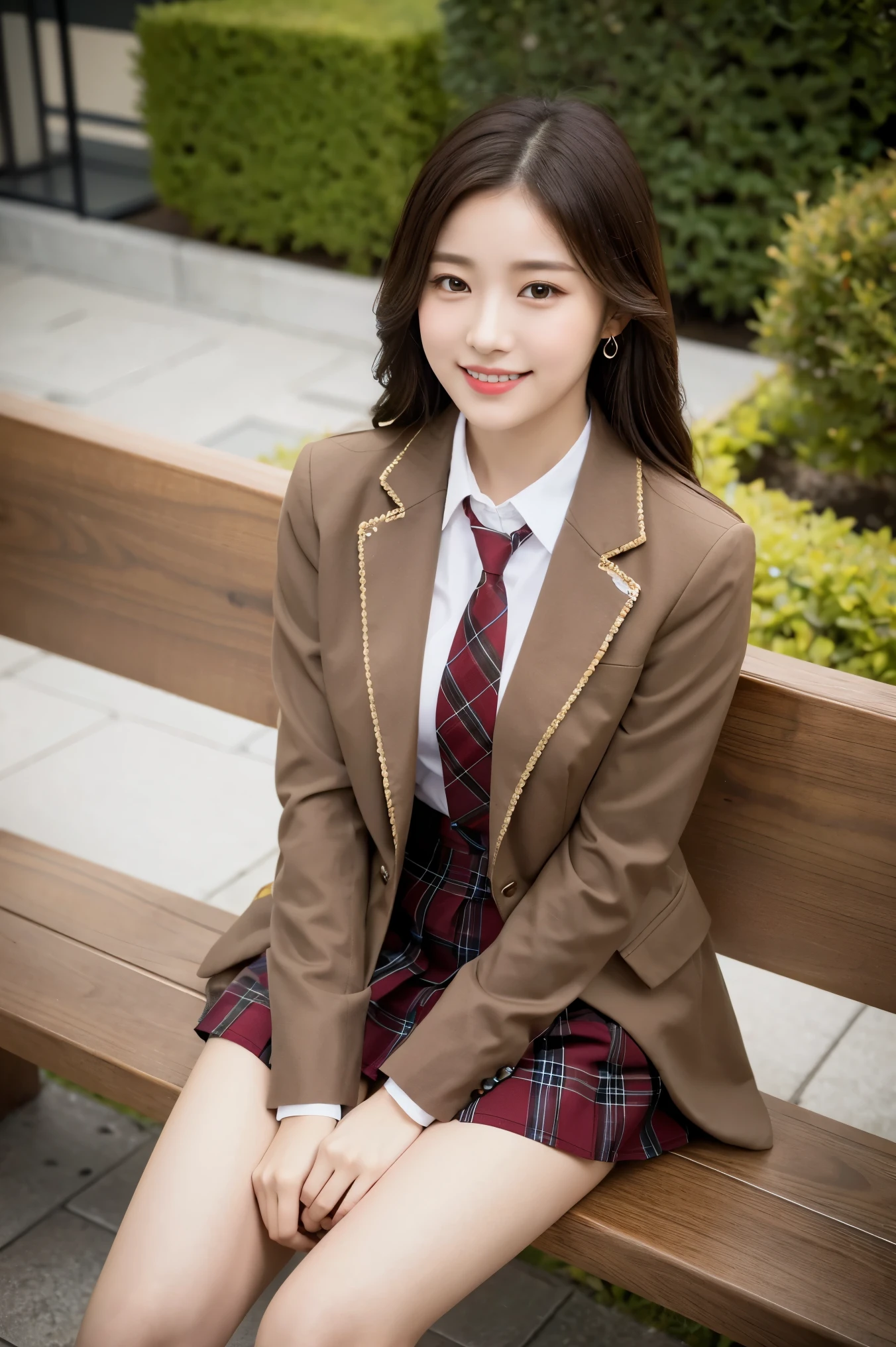 (8K), (highest quality: 1.2), (realistic), (realistic: 1.37), ultra high resolution, 1 girl, cute, smile, closed mouth, beautiful details, beautiful nose, wet hair, red lip,earrings,giant dulcefo, pork, thighs,self snap,University Student Uniform,sunny day,I can see the sea,sit on a bench,cross your legs,Look down,From above,(Simple light brown blazer 1),(dark brown pleated skirt),(dark red bow tie),(The pattern of the skirt and tie is a tartan check pattern...:1.3),濡れたthighs,knee high tights,(thighsにクローズアップ1)