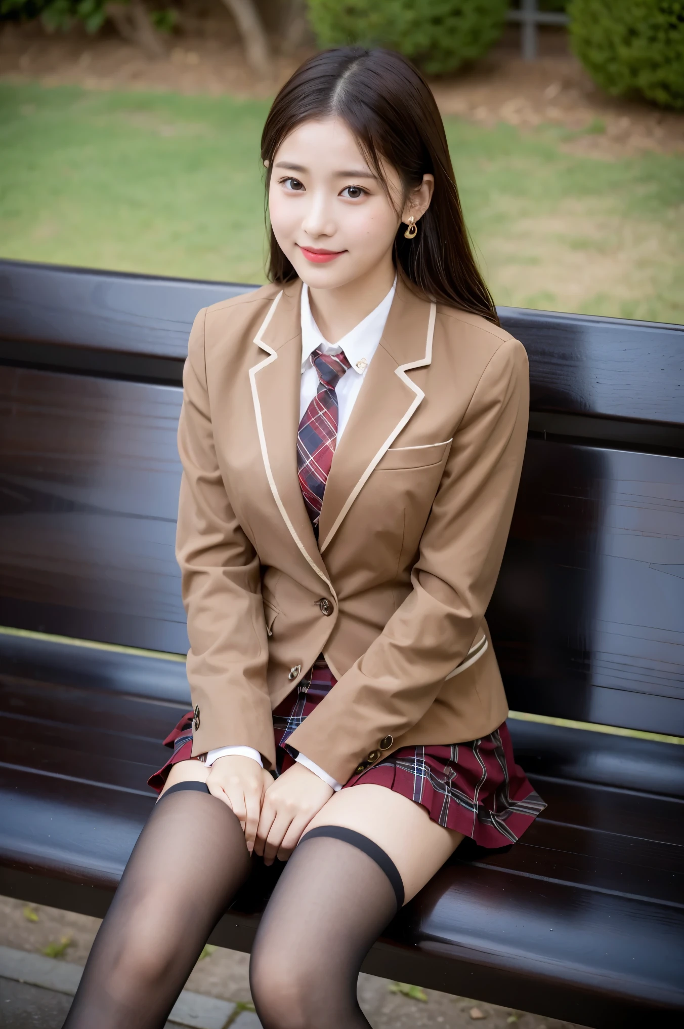 (8K), (highest quality: 1.2), (realistic), (realistic: 1.37), ultra high resolution, 1 girl, cute, smile, closed mouth, beautiful details, beautiful nose, wet hair, red lip,earrings,giant dulcefo, pork, thighs,self snap,University Student Uniform,sunny day,I can see the sea,sit on a bench,cross your legs,Look down,From above,(Simple light brown blazer 1),(dark brown pleated skirt),(dark red bow tie),(The pattern of the skirt and tie is a tartan check pattern...:1.3),濡れたthighs,knee high tights,(thighsにクローズアップ1)