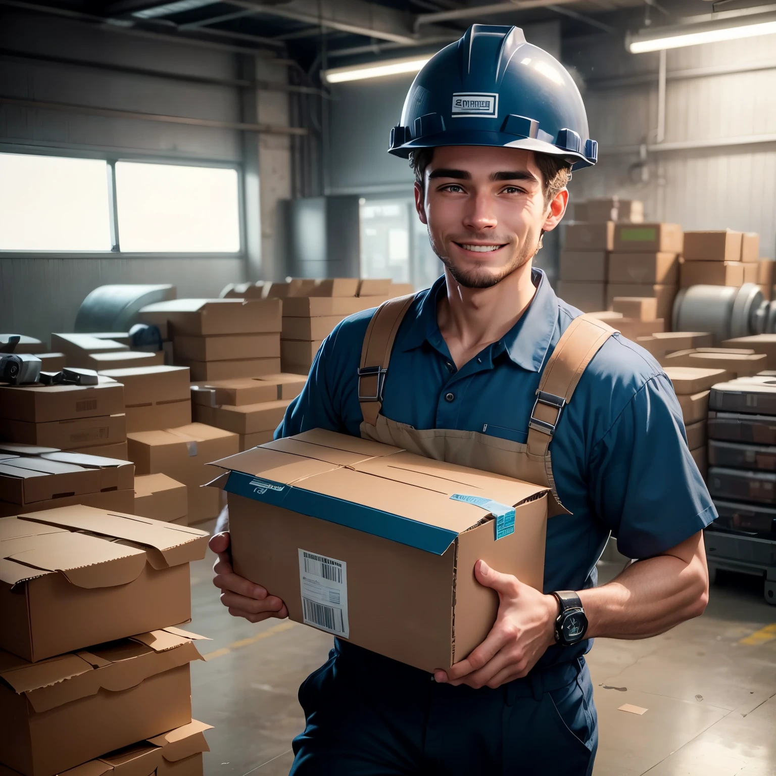 Imagine a 28 year old man, he is dressed in his factory work uniform and helmet. The uniform is dark blue and white helmet. His face is illuminated by a bright smile and his eyes convey determination and joy. he is tightly holding a toolbox, ready to start his work day. You can feel the positive energy he radiates despite the industrial environment around him. His posture is confident and his stride is steady as he heads to his workstation. This image reflects a strong, hardworking and happy man, ready to face any challenge the day may bring. 8k ultrarealistic. ultra-definition.