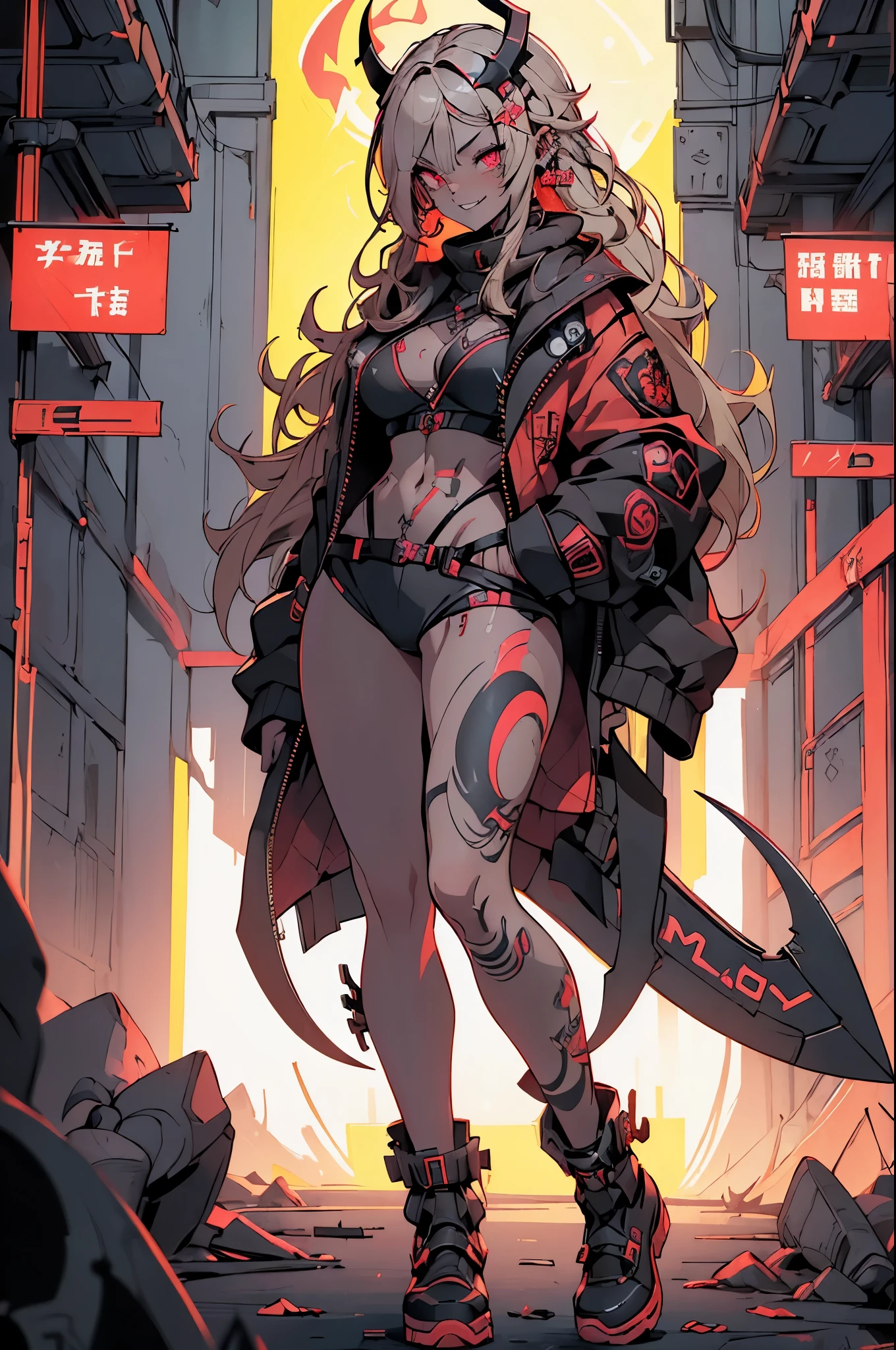 1girl, rebecca \(cyberpunk\), ((full body)),(( a huge scythe, the size of half of the screen )),solo, blonde braid hair, glowing red eyes,laugh fearlessly, leg tattoo, neck tattoo,  large chest, black bra, thong, red pupils, skin fang, red eyes, black jacket, 