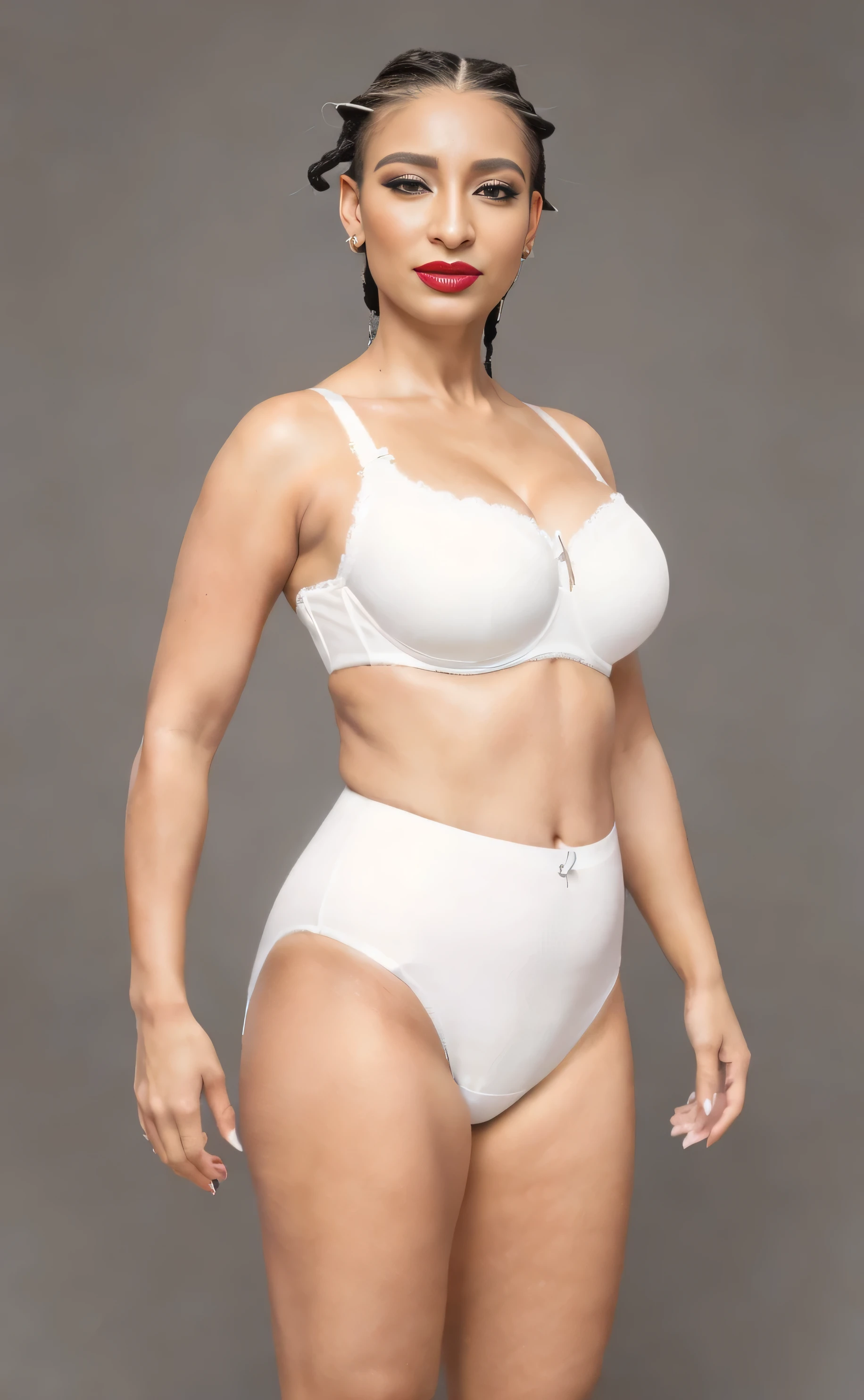 ((masterpiece, best quality)), ((37 year old)), (((Curvy))), (((Latina with black braids)), in white bra, ((white cotton panties)), red lipstick, Standing in front of a grey screen, (((photo realistic)))