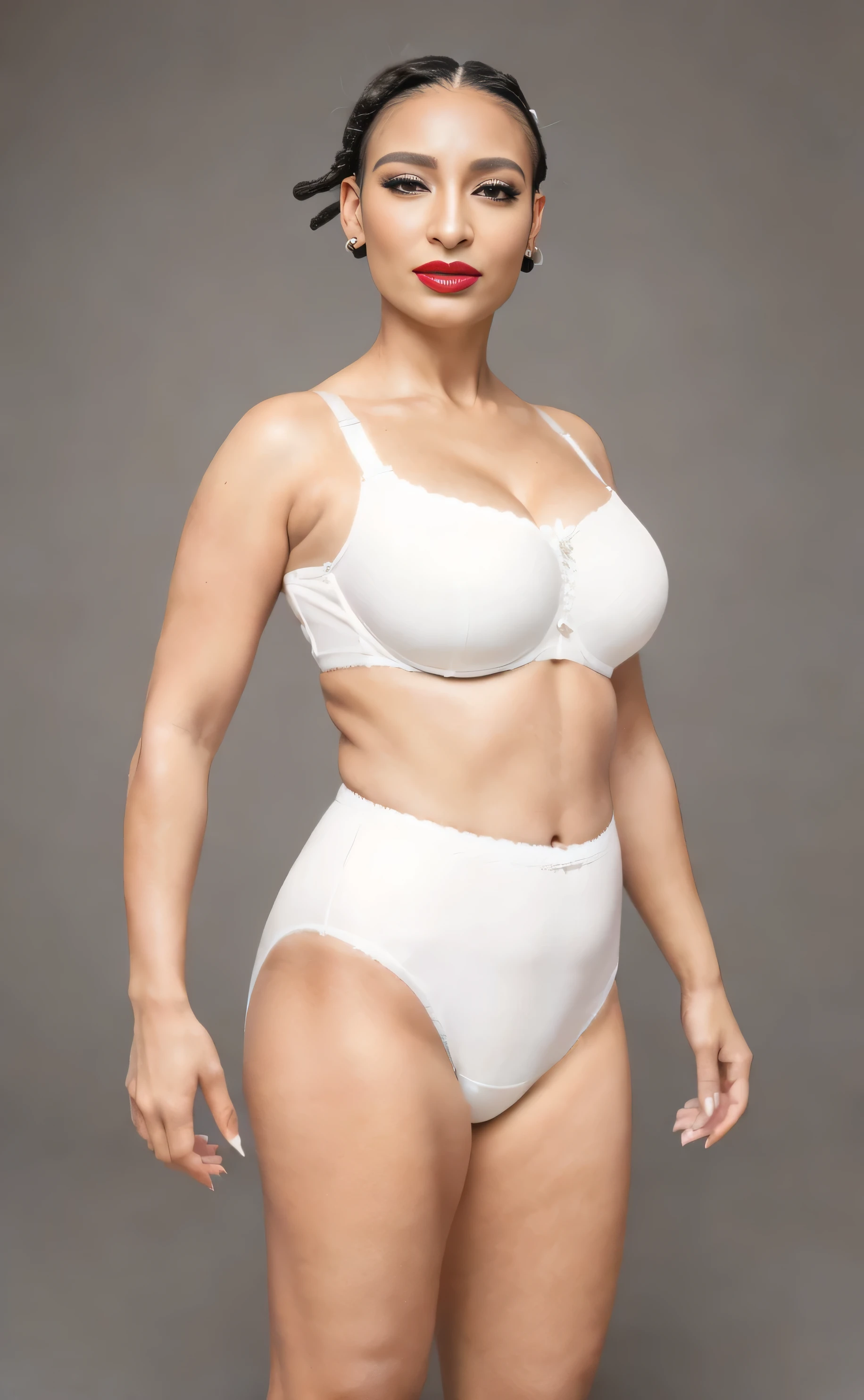((masterpiece, best quality)), ((37 year old)), (((Curvy))), (((Latina with black braids)), in white bra, ((white cotton panties)), red lipstick, Standing in front of a grey screen, (((photo realistic)))