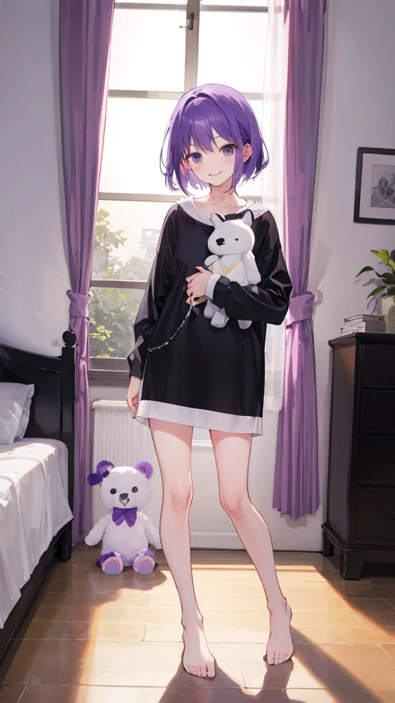 whole body,full body,Standing picture,standing position,Photographed from the front,from front,Girl holding stuffed animal,purple hair,one piece,Room wear,room wear,cute,smile