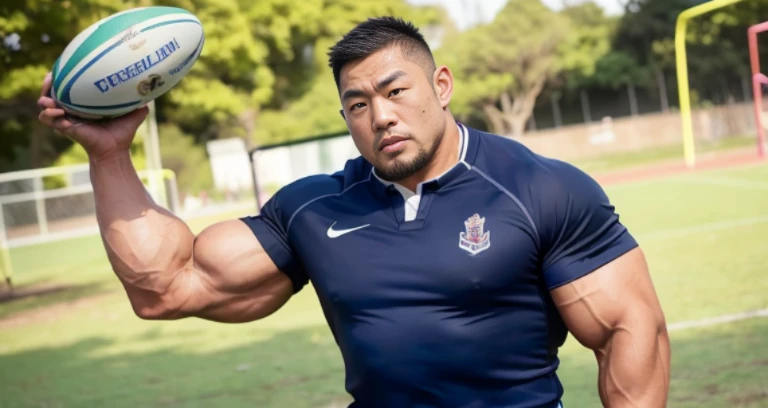 (rugby uniform:1.4), (at playground:1.4), Japanese man, Chinese man, Korean man, Taiwanese man, manly face, fat face, (round face:1.4), (monolid eyes:1.2), (buzz cut:1.4), very large and strong body, bulky body, beefy muscles, (bulging muscles:1.4), (very large pectoral muscles:1.4), (muscular arms:1.4), muscular abs, muscular legs, muscular back, brightens oily skin, master piece, (realistic:1.4), panorama, distant view