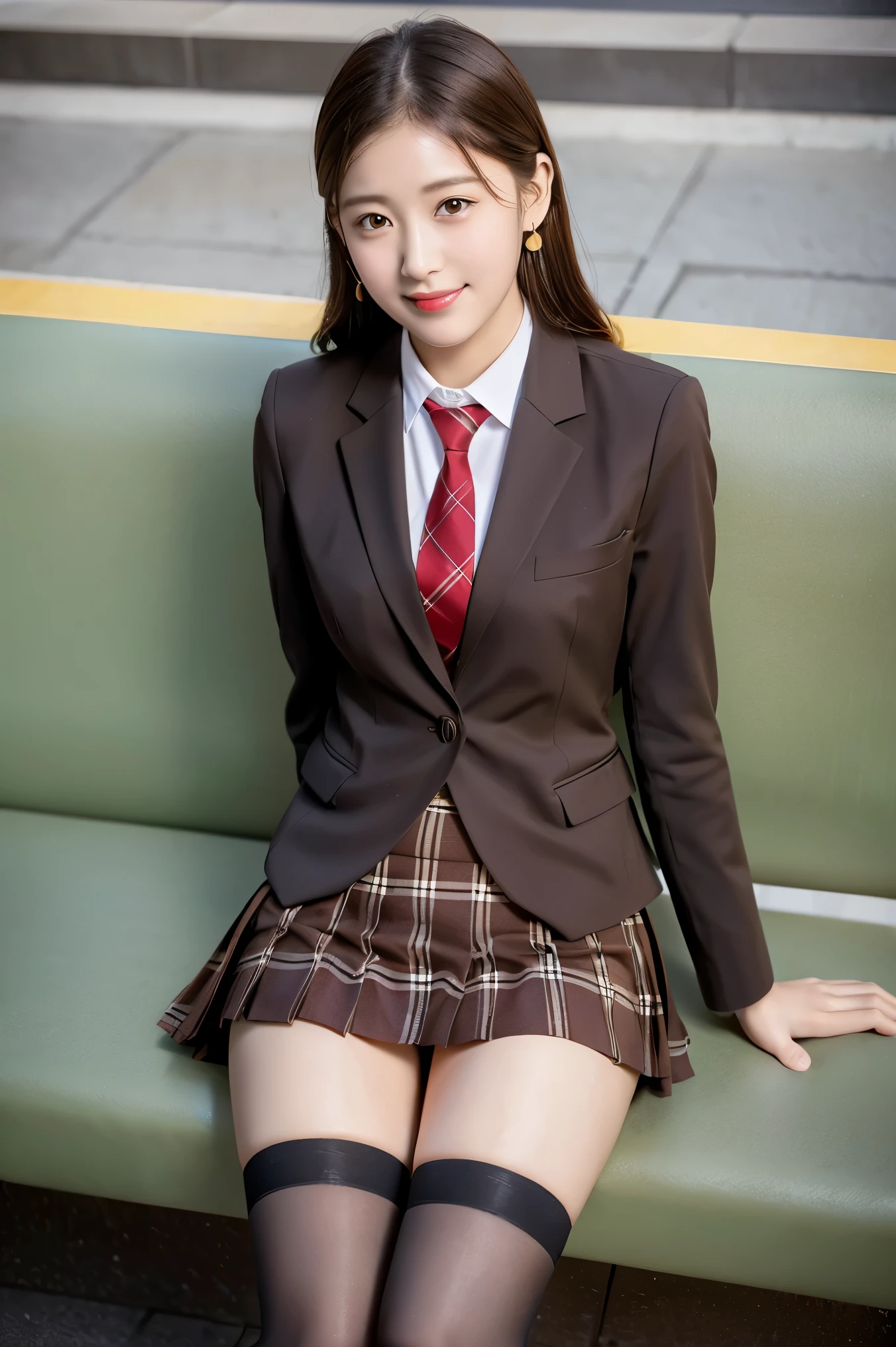 (8K), (highest quality: 1.2), (realistic), (realistic: 1.37), ultra high resolution, 1 girl, cute, smile, closed mouth, beautiful details, beautiful nose, wet hair, red lip,earrings,giant dulcefo, pork, thighs，self snap,University Student Uniform,sunny day,I can see the sea,sit on a bench,cross your legs,Look down,From above,(Simple light brown blazer 1),(dark brown pleated skirt),(dark red bow tie),(The pattern of the skirt and tie is a tartan check pattern...:1.3),濡れたthighs,knee high tights,(thighsにクローズアップ1)