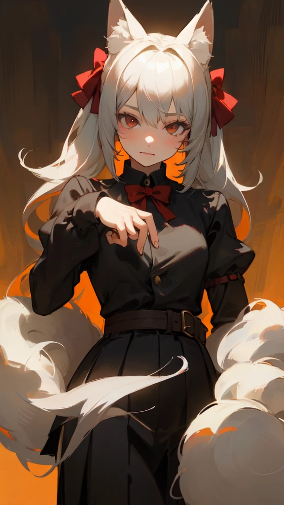 A neko woman with grey hair in a virtual YouTuber style is the centerpiece of this artwork. Her hairstyle features long hair with twintails and bangs, with a section of hair falling between her eyes. She has adorable animal ears, specifically fox ears, which are fluffy. Her piercing red eyes and fox tail add to her captivating appearance.

For the clothing, she wears a white shirt with long sleeves that extend past her wrists. The shirt is adorned with a beautiful red bow, which complements her hair bow. The skirt she wears is a stylish black pleated skirt, adding a touch of elegance to her overall look.

The artwork is of the highest quality, with a "masterpiece" level of detail. It is created with the best quality materials, ensuring a high-resolution, high-quality image. The details are ultra-detailed and realistic, showcasing professional craftsmanship. The lighting in the artwork enhances the overall atmosphere and highlights the intricate details.

The art style chosen for this prompt is a perfect blend of anime and concept artists, capturing the charm and aesthetics of both genres. The colors used in the artwork are vivid and vibrant, creating a visually appealing composition.

In summary, this Stable Diffusion prompt generates a high-quality, ultra-detailed image of a neko woman in a virtual YouTuber style. It focuses on her unique features, clothing, and offers a captivating art style with vivid colors and professional craftsmanship. The prompt is designed to produce an exquisite masterpiece that will delight art enthusiasts and fans of neko characters.