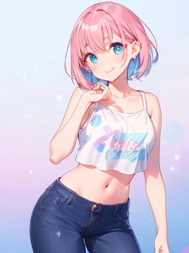 (short,striped pink hair),(cute,beautiful smile),(charming cute pose),(attractive black crop-top),(short short jeans),(bright and cheerful expression),(standing confidently),(looking at the viewer with charm),(with a playful and lively vibe),(bright pink lipstick),(sparkling blue eyes),(delicate earrings dangling from the ears),(light makeup on the face),(suitable backdrop with vibrant colors),(exquisite detailing of facial features),(perfectly styled hair),(clear and smooth skin),(gorgeous and well-defined eyebrows),(flawless complexion),(soft and radiant lighting),(photorealistic:1.37),(high resolution,4k image),(ultra-detailed),(vivid and vibrant colors)