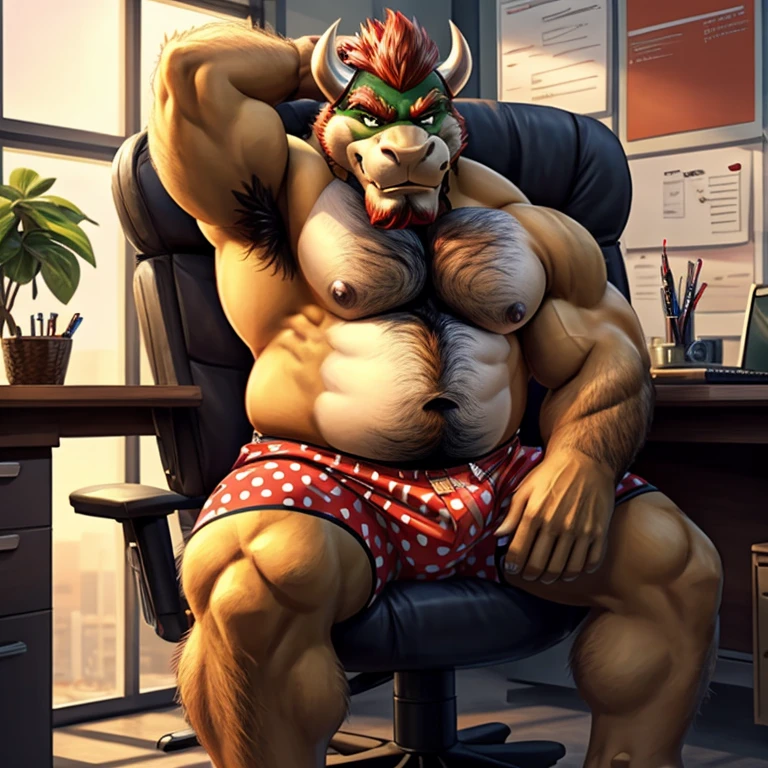 Bowser, beard, daddy, seductor, mirando al espectador, smirk, (white and red polka dots pattern oversized long loose boxers:1.3, pecs, (posing) macho, masculine, male focus, chubby, fat, de cerca, standing, frontal view, full body, office, sitting office chair, hairy armpits, chest hair, pubic hair,