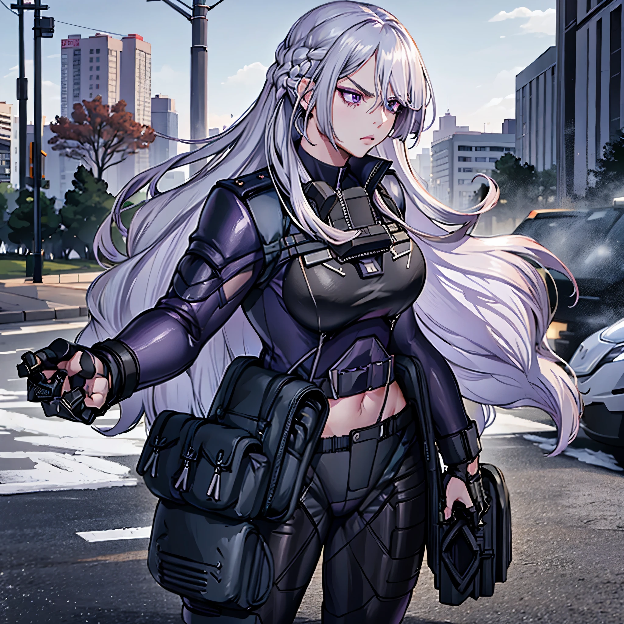 just one woman, a woman wearing a black military uniform with equipment, silver hair, purple eyes, serious face, muscular, near a motorbike in a city in the late afternoon, HDR, masterpiece, very detailed, ultra resolution, hyperalistic.
