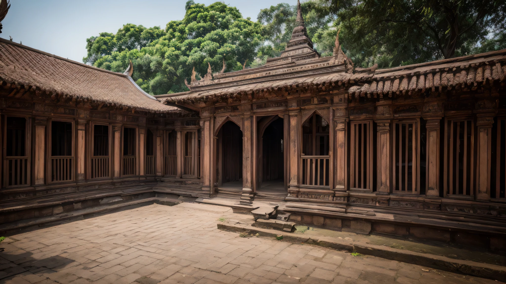 ancient Javanese Hindu royal palace, brick fence, surrounded by ancient village houses, gothic, dark, mysterious, realistic