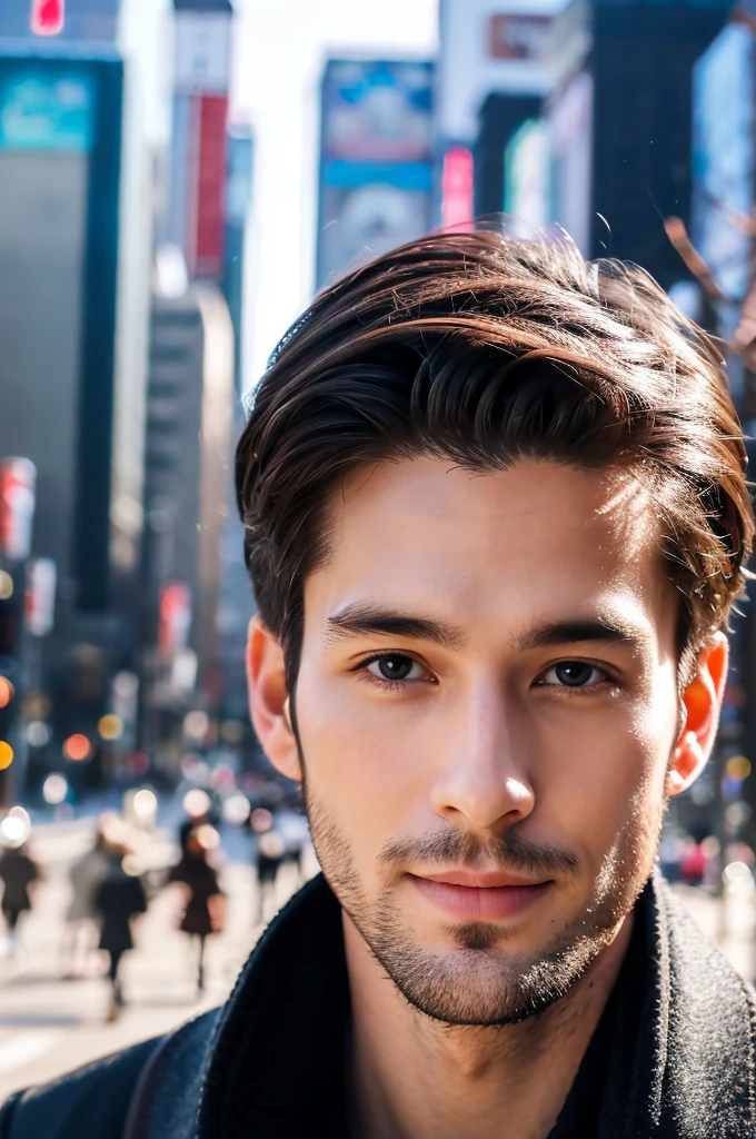 Photorealsitic, 8K full body portrait, a handsome, a 25-year-old man, A charming expression, detailed face details, TOKYOcty, Winters, Shibuya in the background