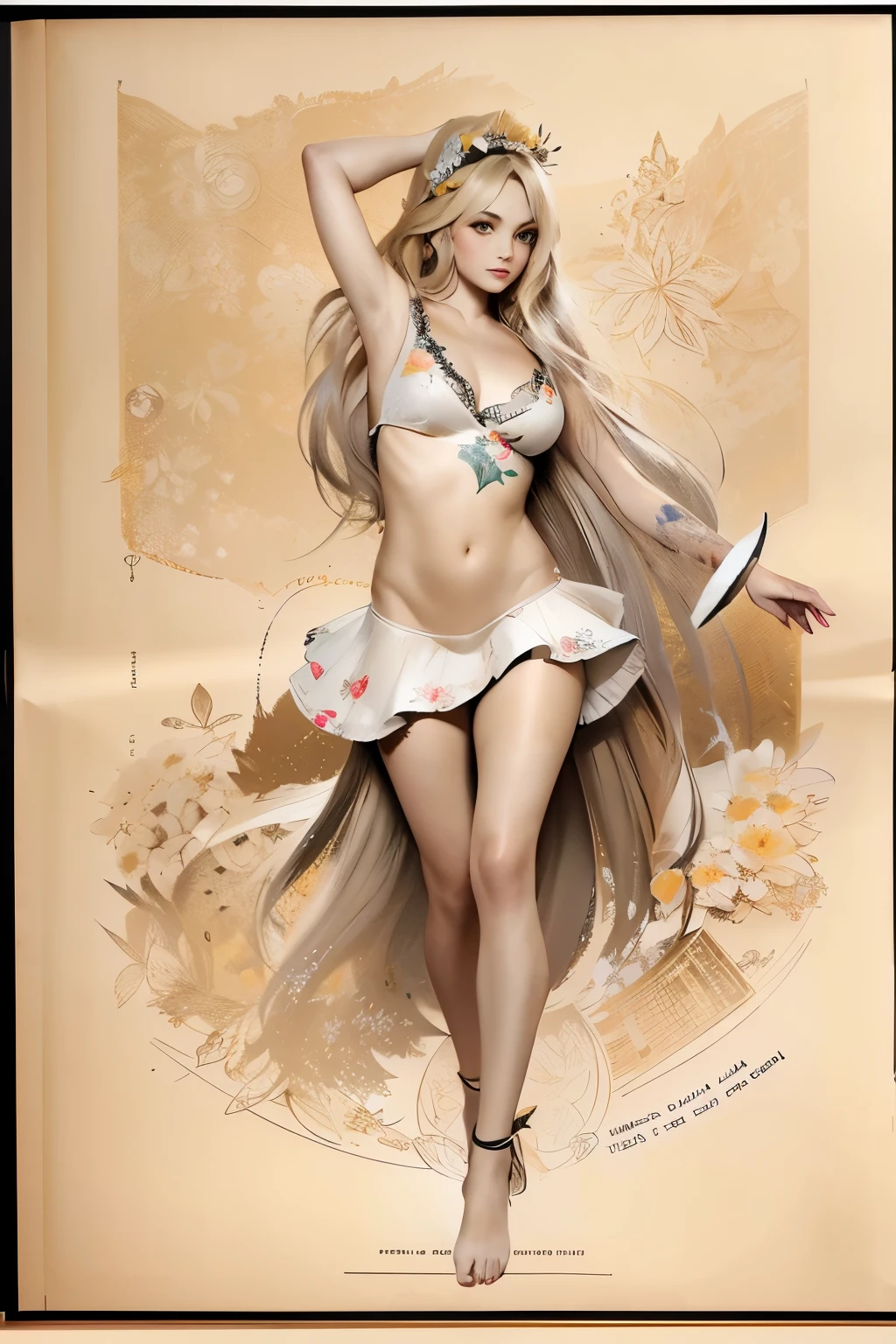 Sexy Alice in wonderland, Character sheet, very sexy woman, diagram, design plans, sexy, pretty, beautiful, full body shot, above head floral crown, under foot soft fluffy green grass, sepia tone paper, aged paper, painted on paper, sketched on paper, hyper-realism, 16k resolution, dehaze,