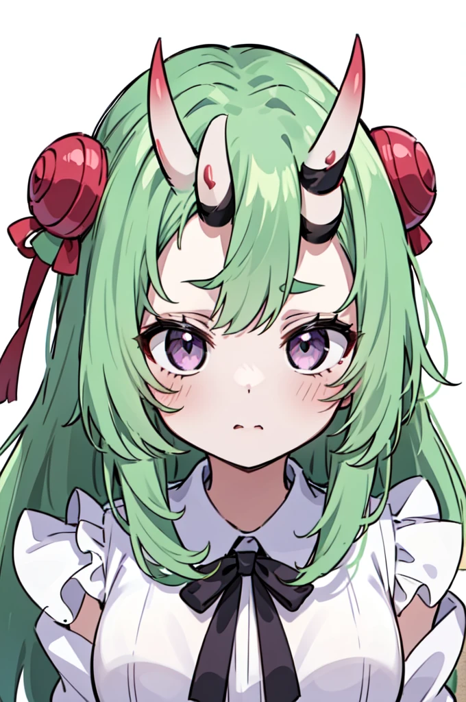 masterpiece, best quality, 4k, face close-up, portrait, 1girl, solo, beige hair, light green hair, pale green hair long hair, purple eyes, empty eyes, small breasts, (oni girl, oni horns, forehead horns), serious, neutral, white blouse, one piece blouse, medieval fashion, standing, arms behind back, looking at viewer, white background, simple background, transparent background